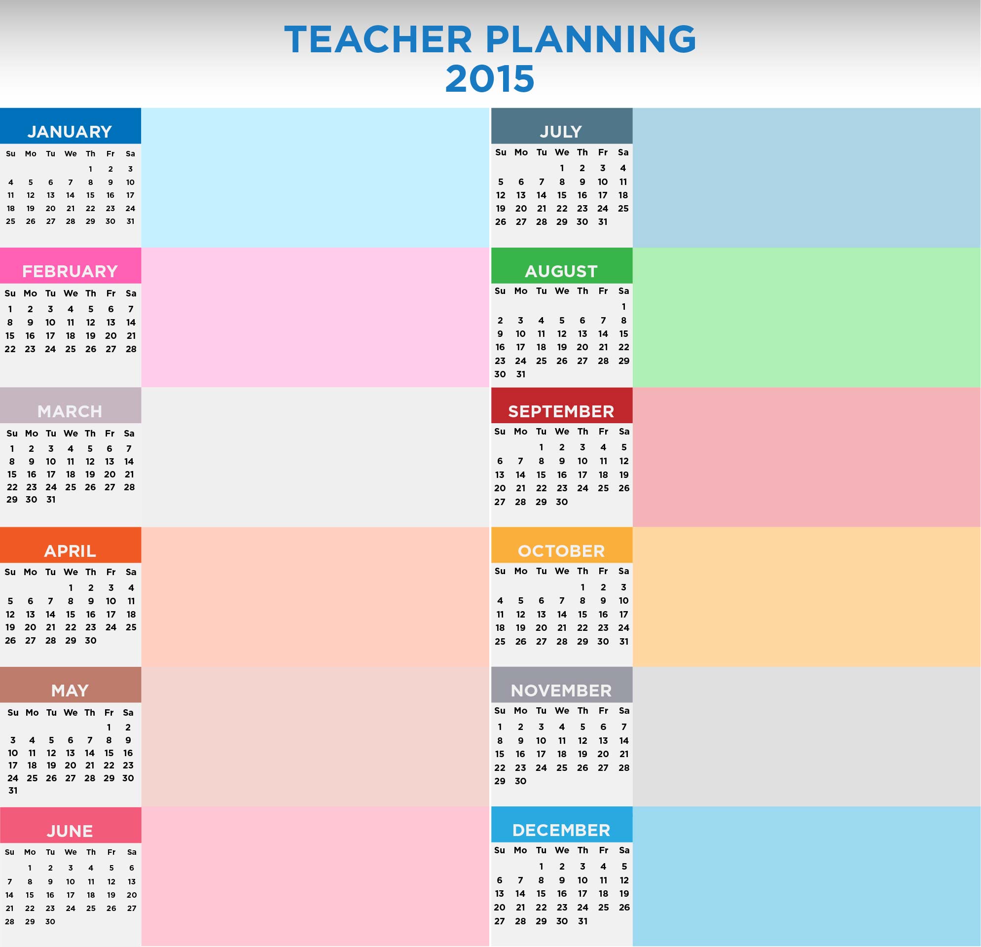 Printable Teacher Planning Calendar for 2015