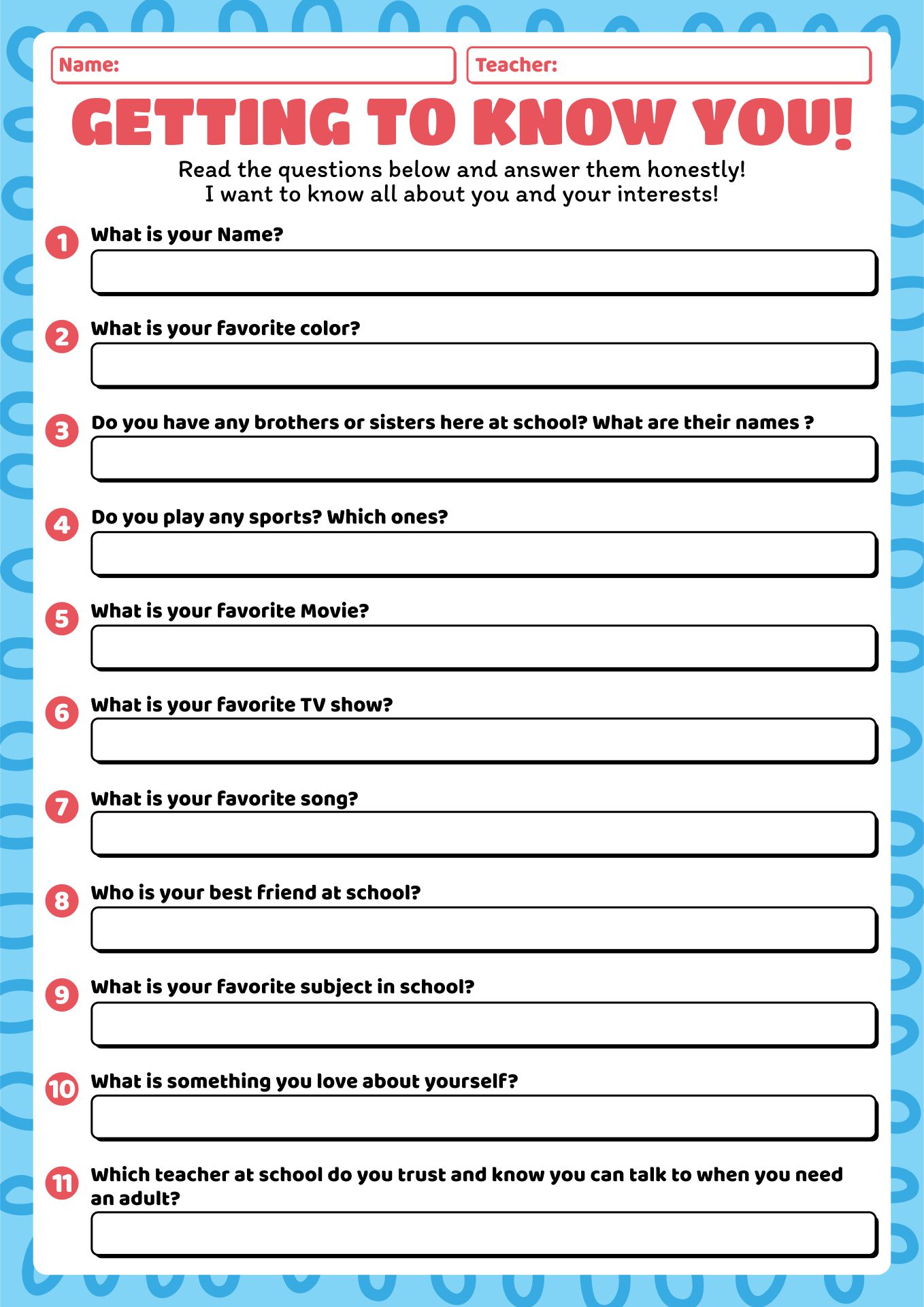 Getting To Know Student 10 Free PDF Printables Printablee