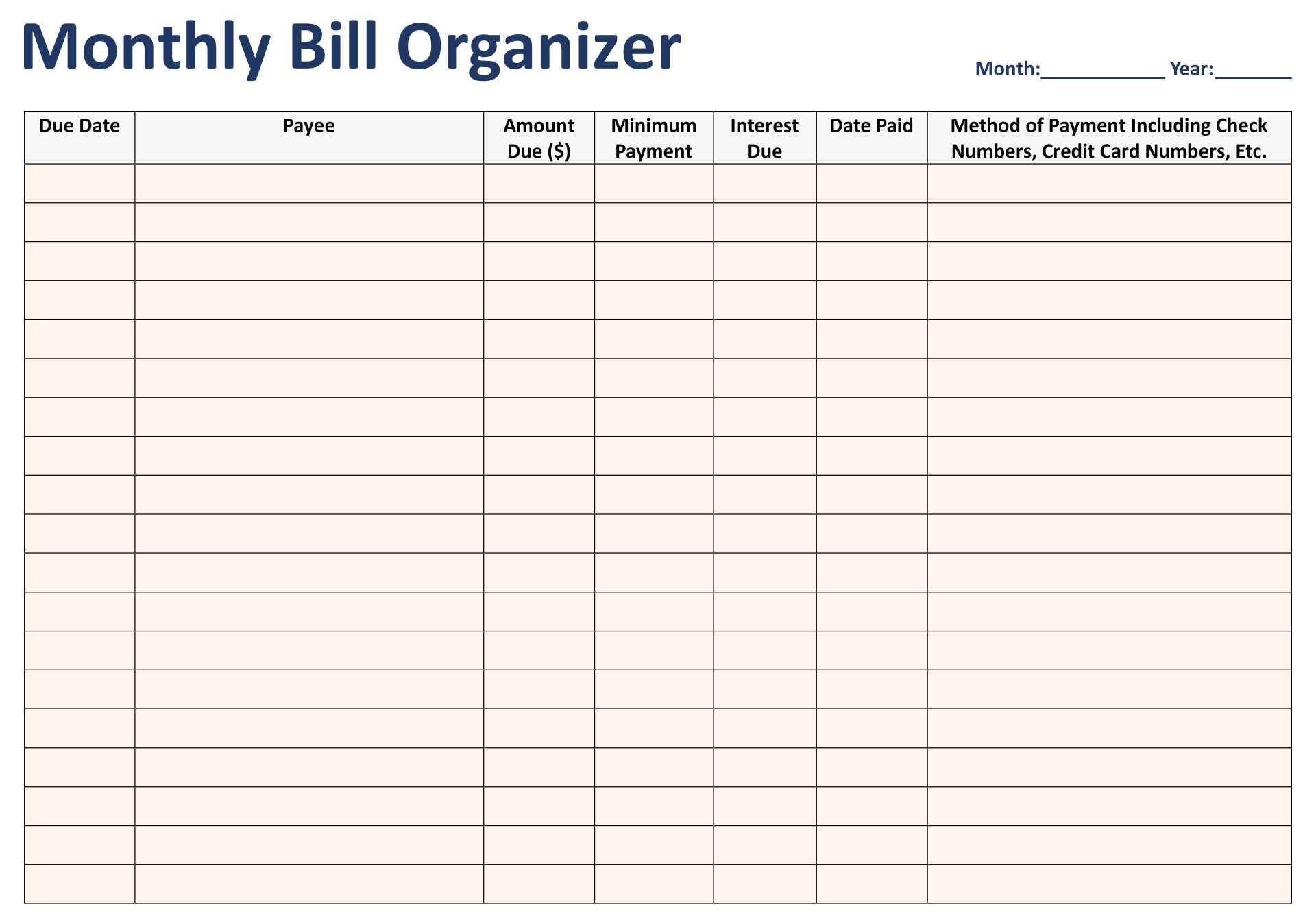 Printable Bill Organizer Chart