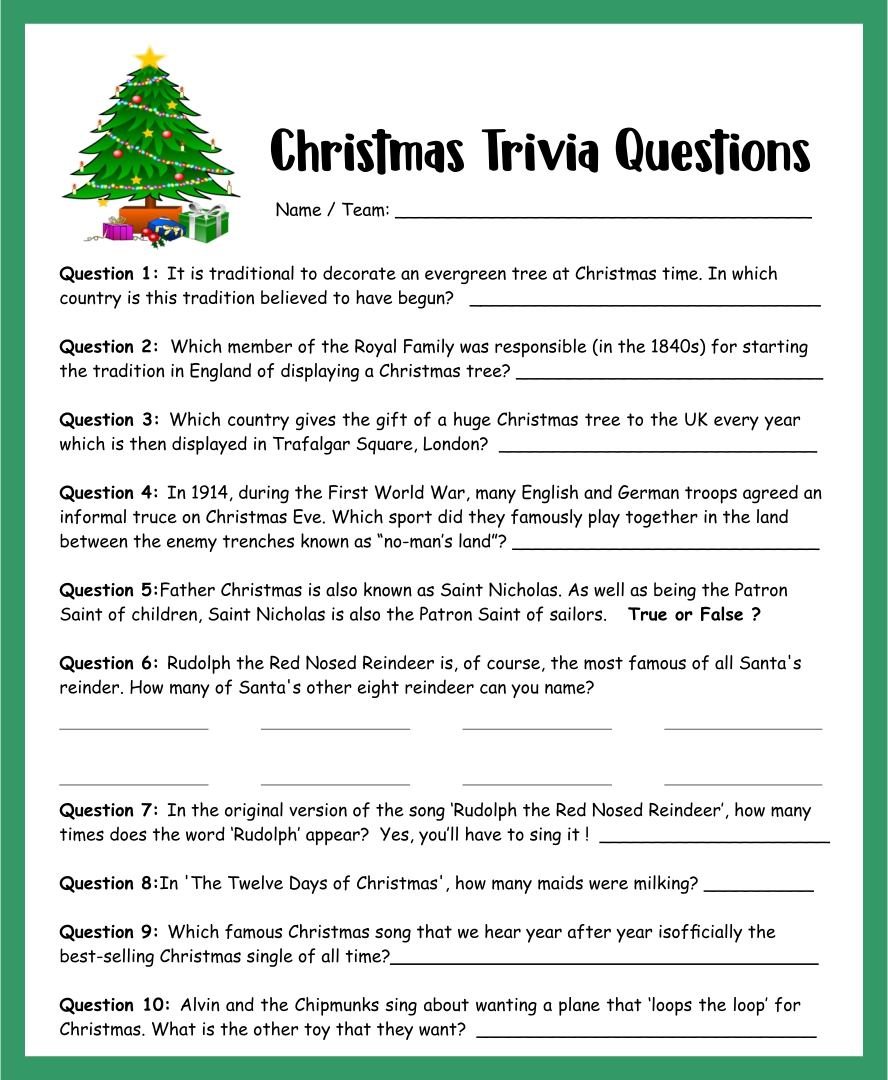 Easy Christmas Printable Trivia Questions