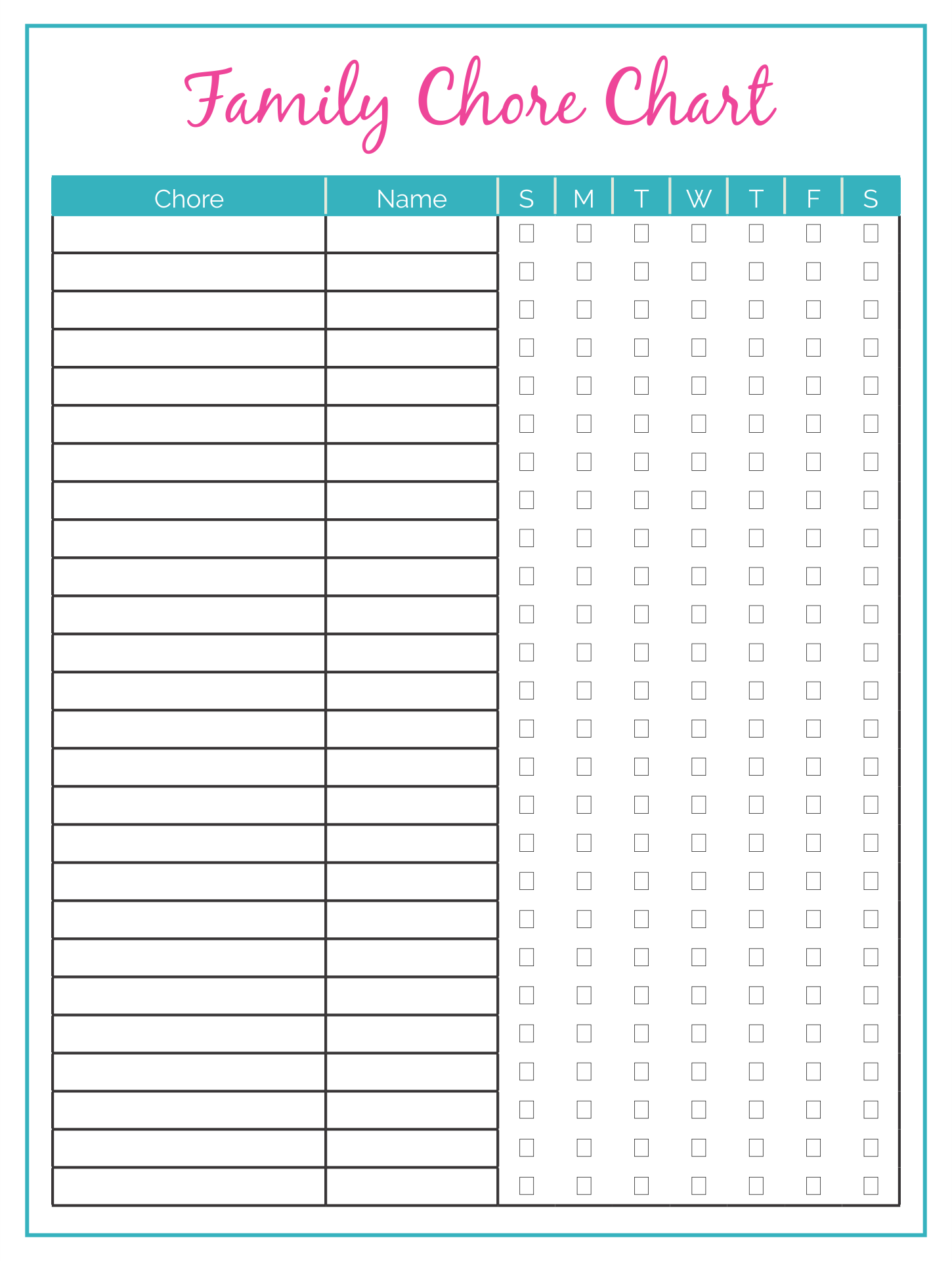 Family Chore Chart Template Free