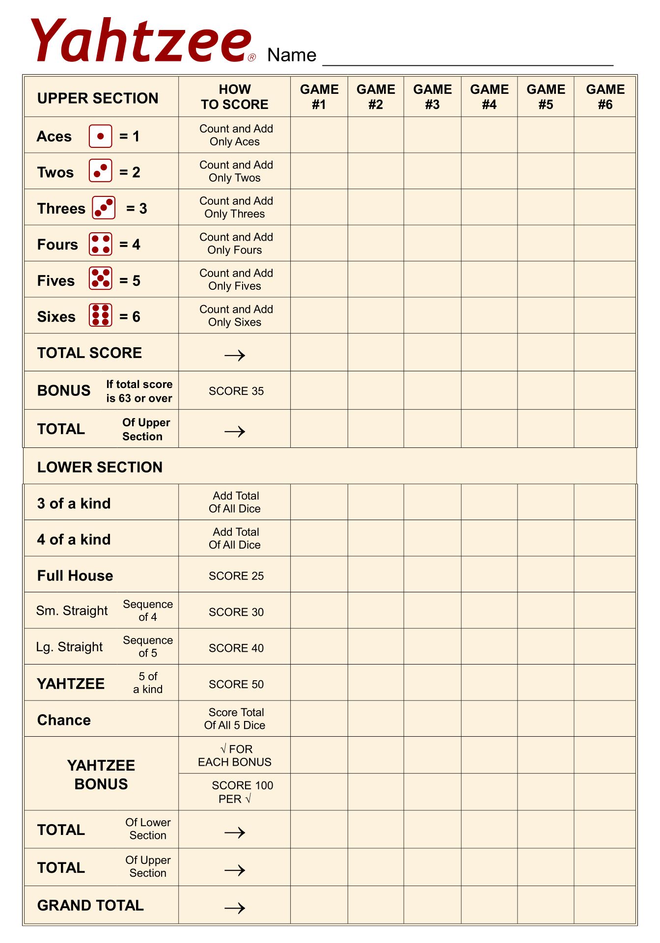 Printable Yahtzee Score Sheets PDF
