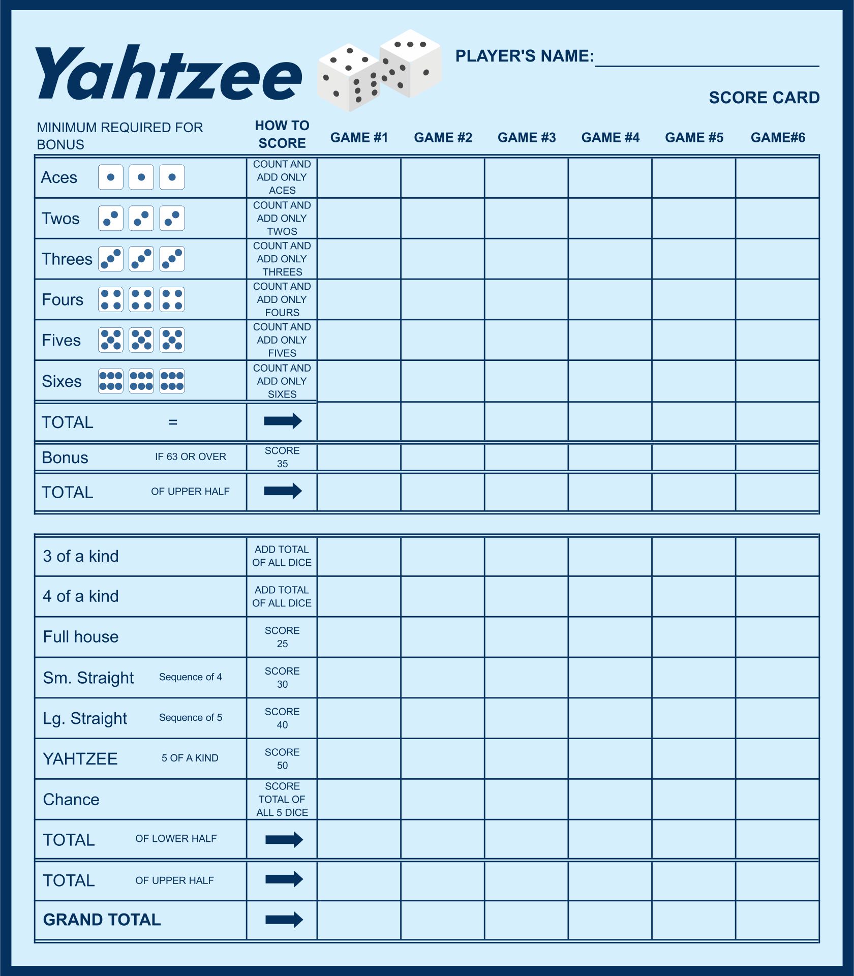Printable Yahtzee Score Sheet Free