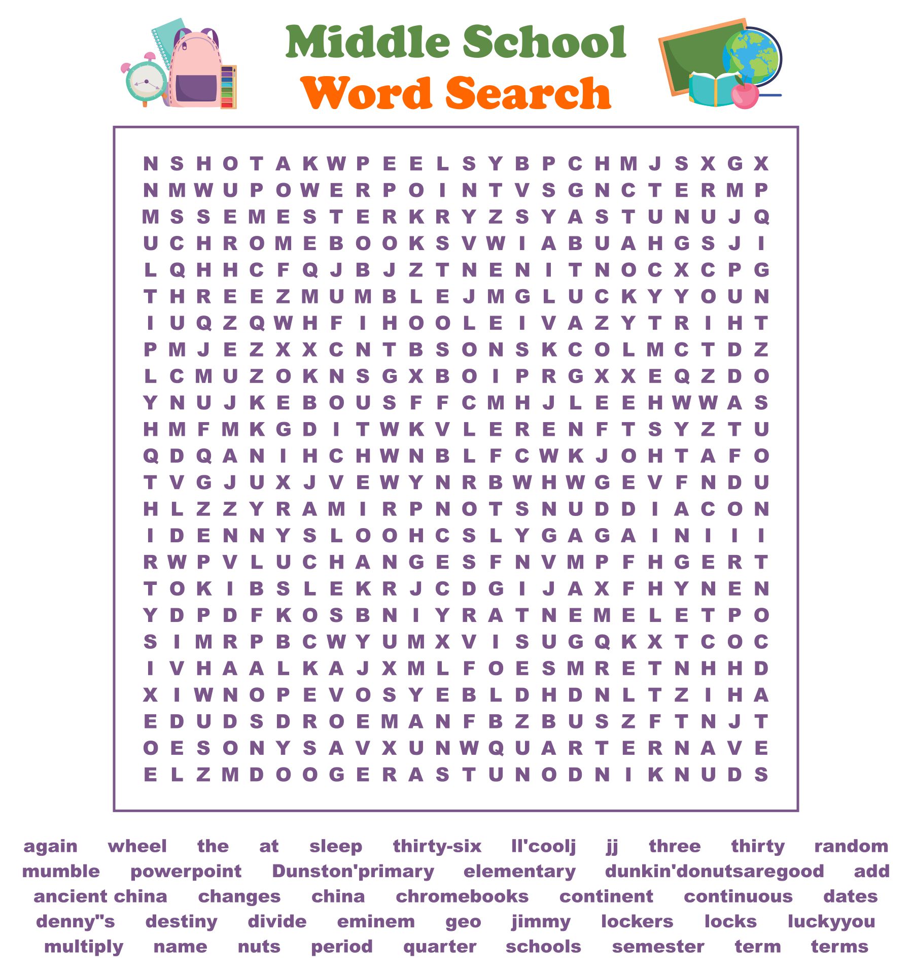 Middle School Word Search Puzzles Printable