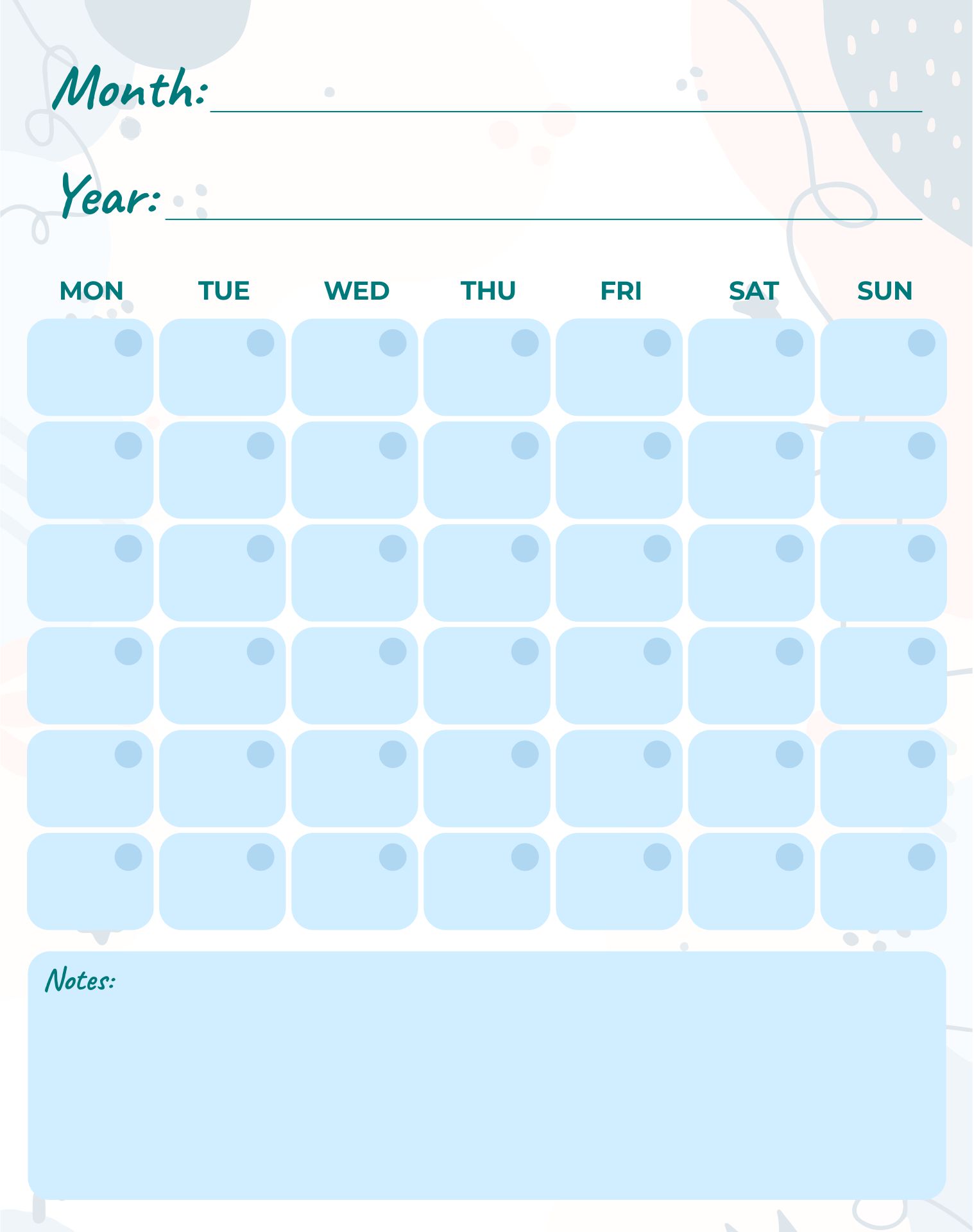 Printable Blank Day Calendar Template