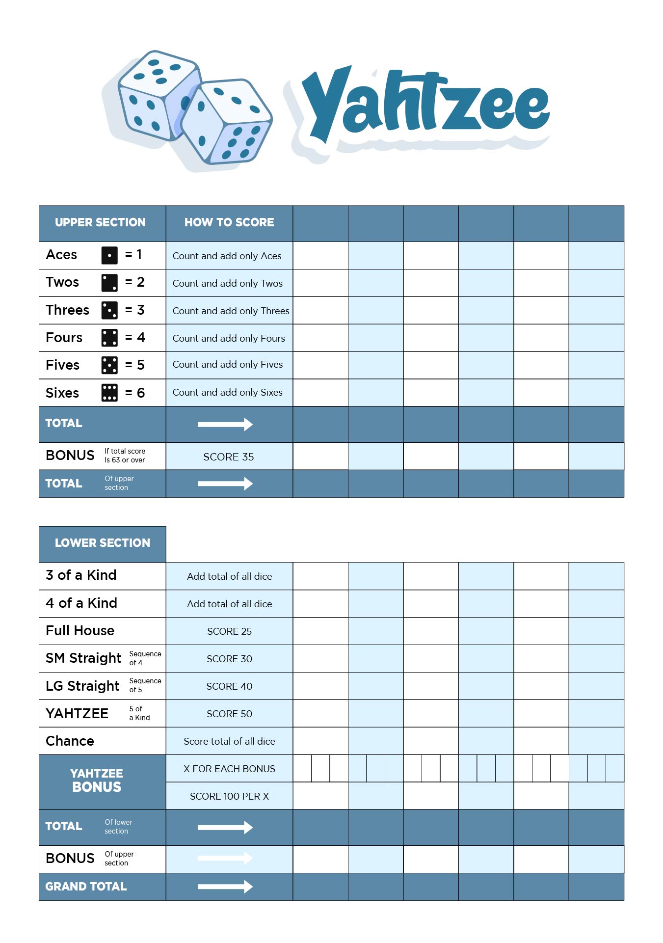 Yahtzee Printable Sheet