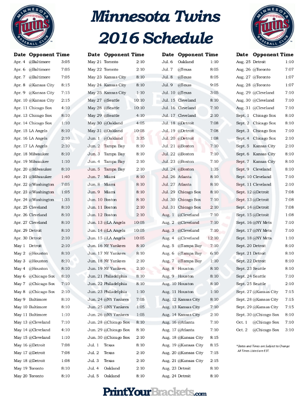 2015 Minnesota Twins Schedule Printable