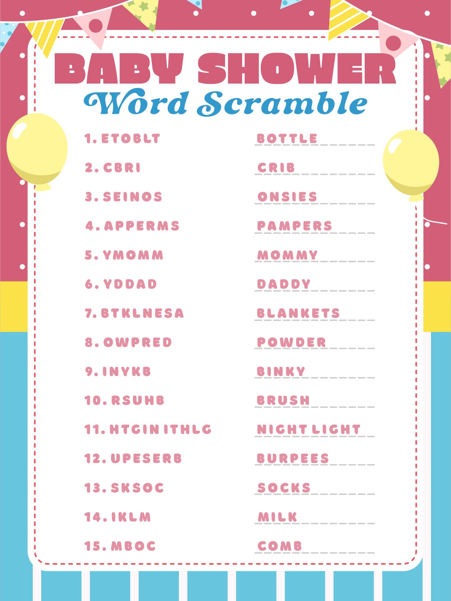 Baby Shower Word Scramble Answers