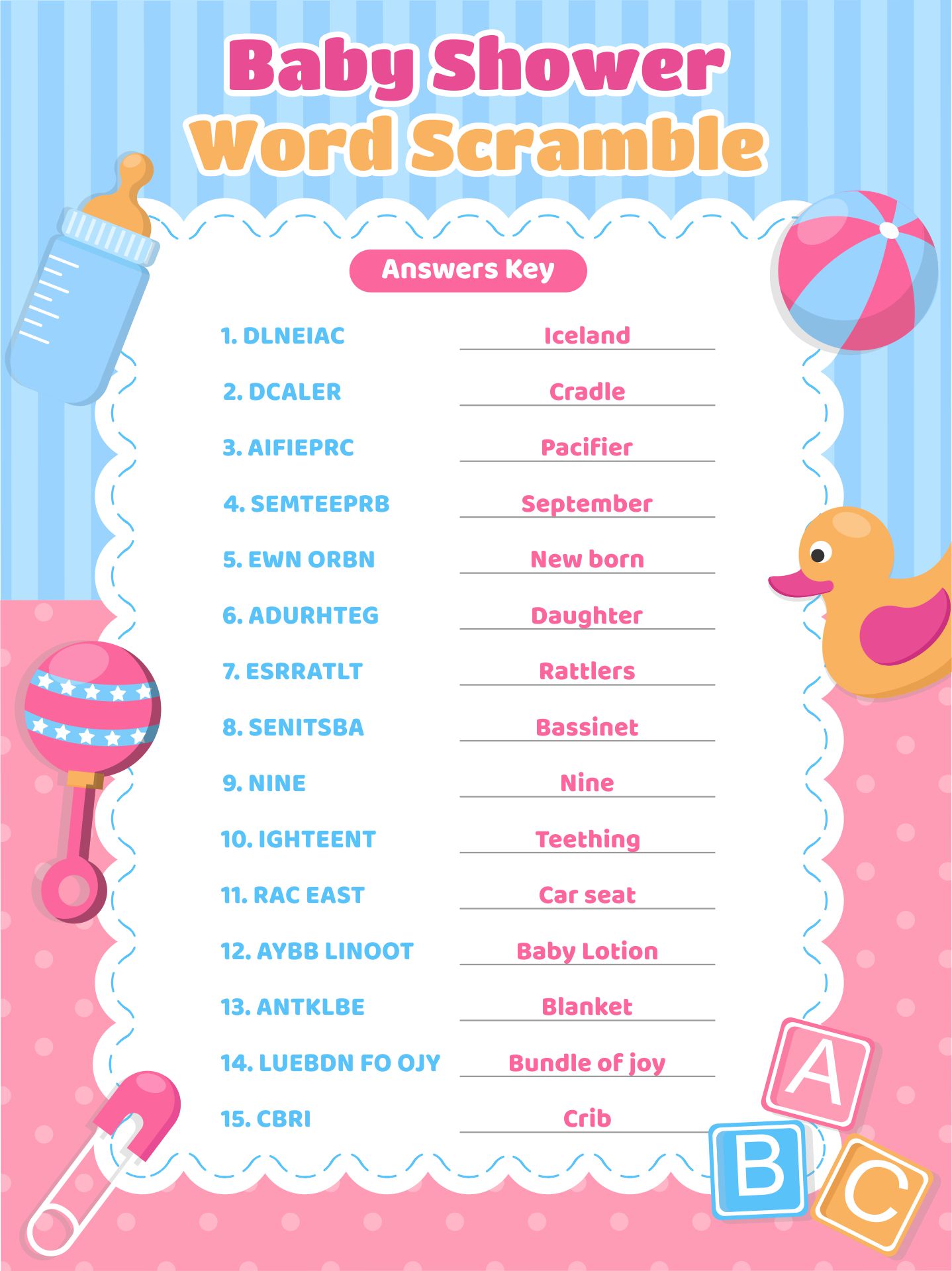 Printable Baby Shower Word Scramble and Answers