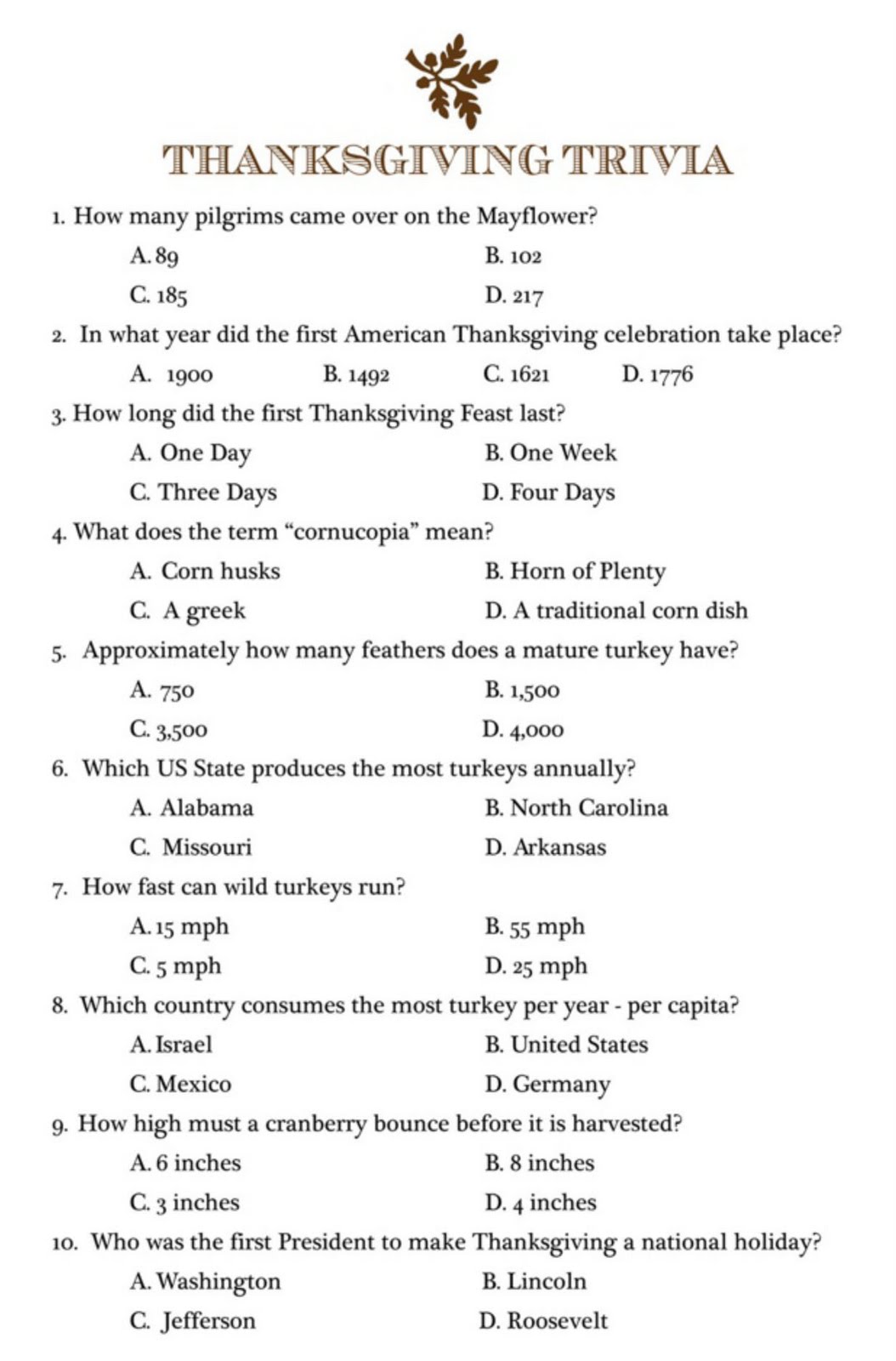 Printable Thanksgiving Trivia Questions