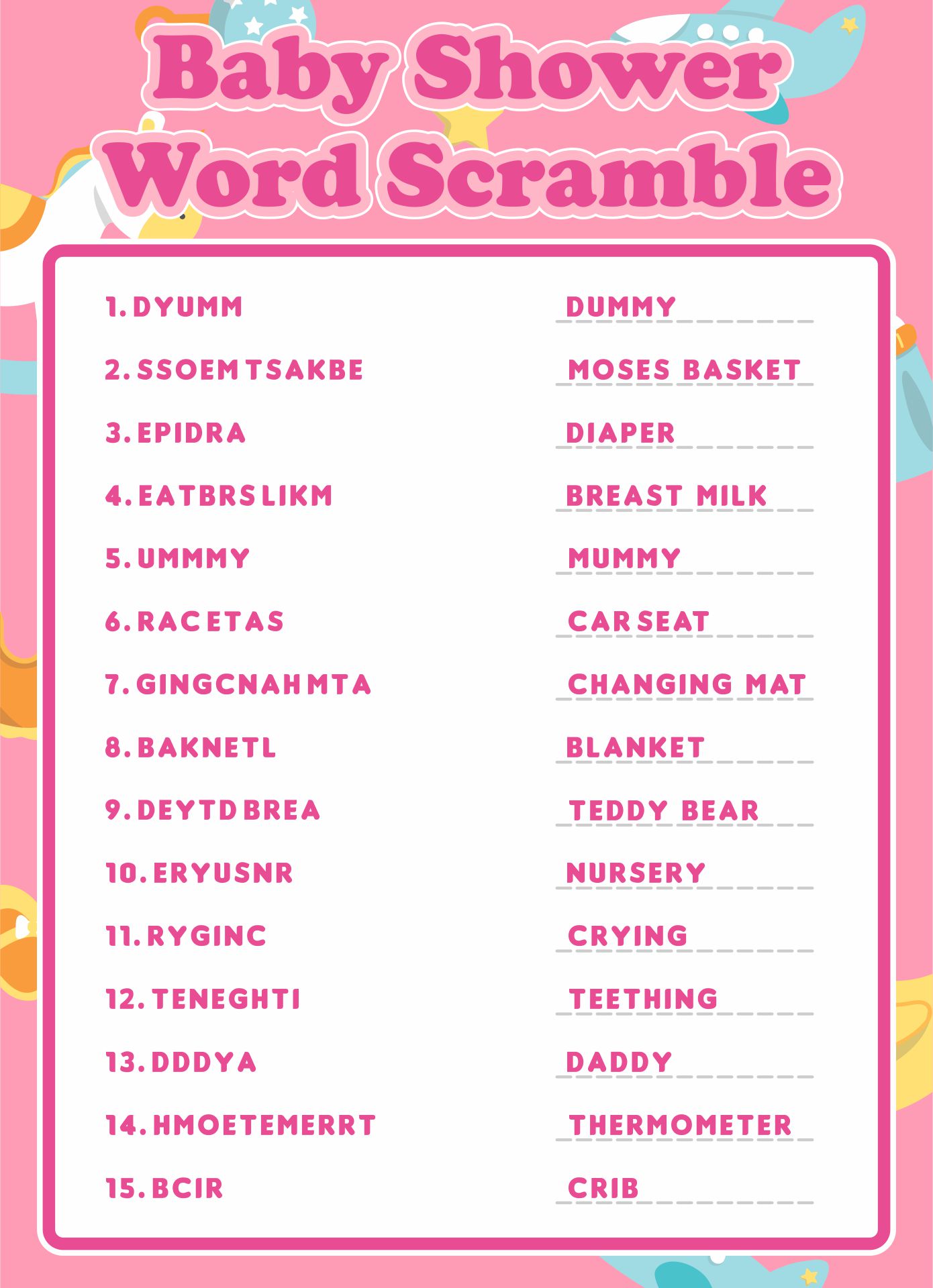 Girl Baby Shower Word Scramble Games