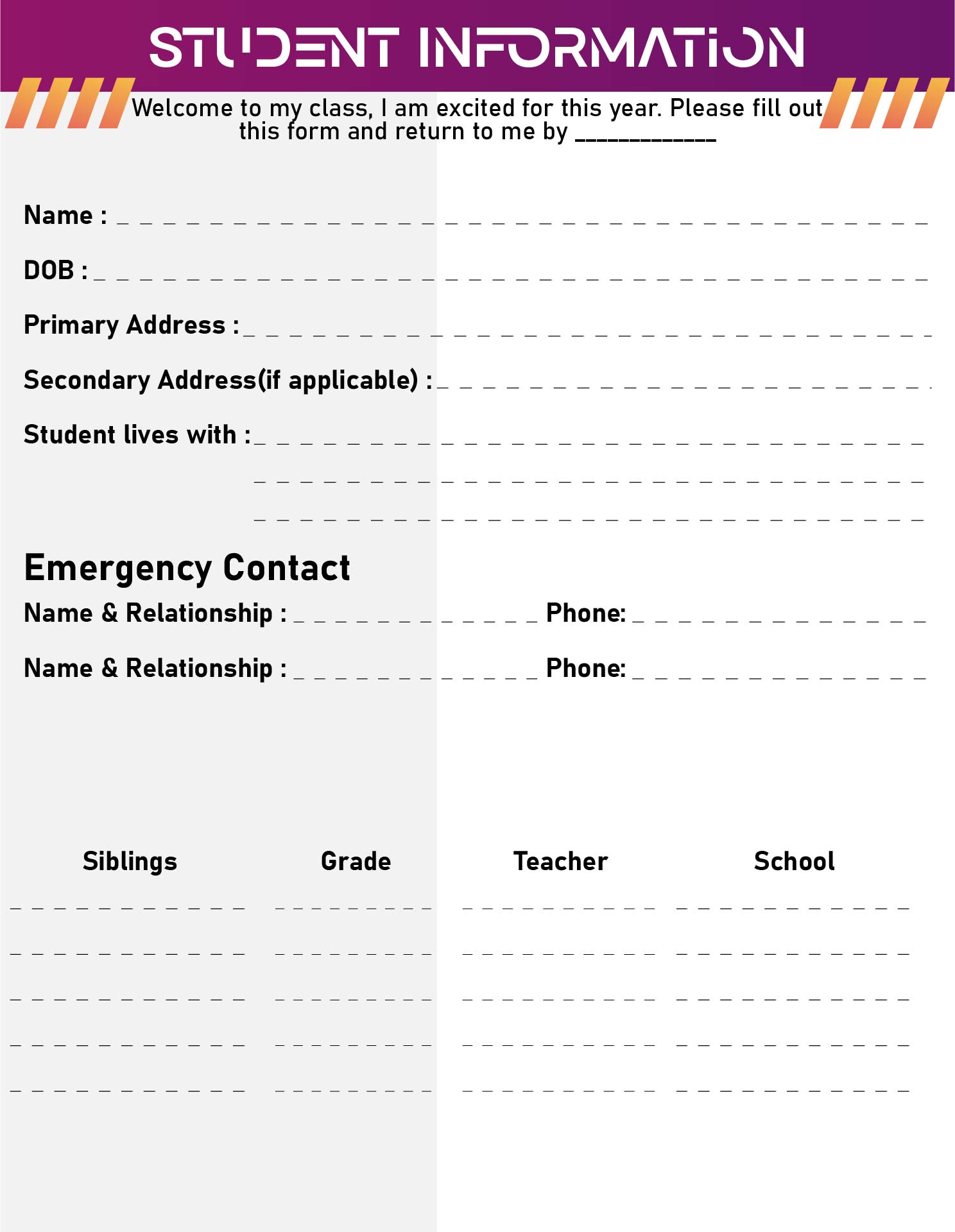 High School Student Information Sheet Printable