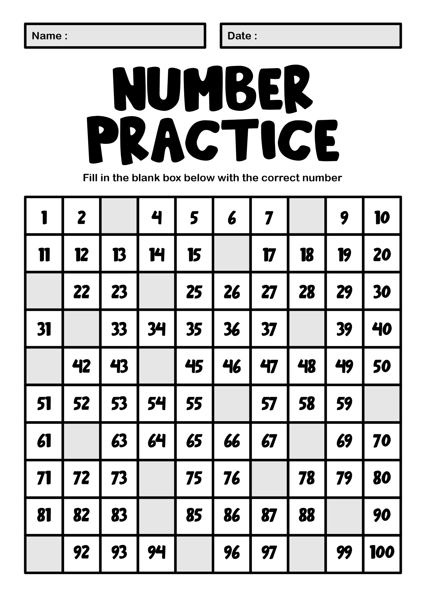 Fill In Missing Numbers To 100 Worksheets