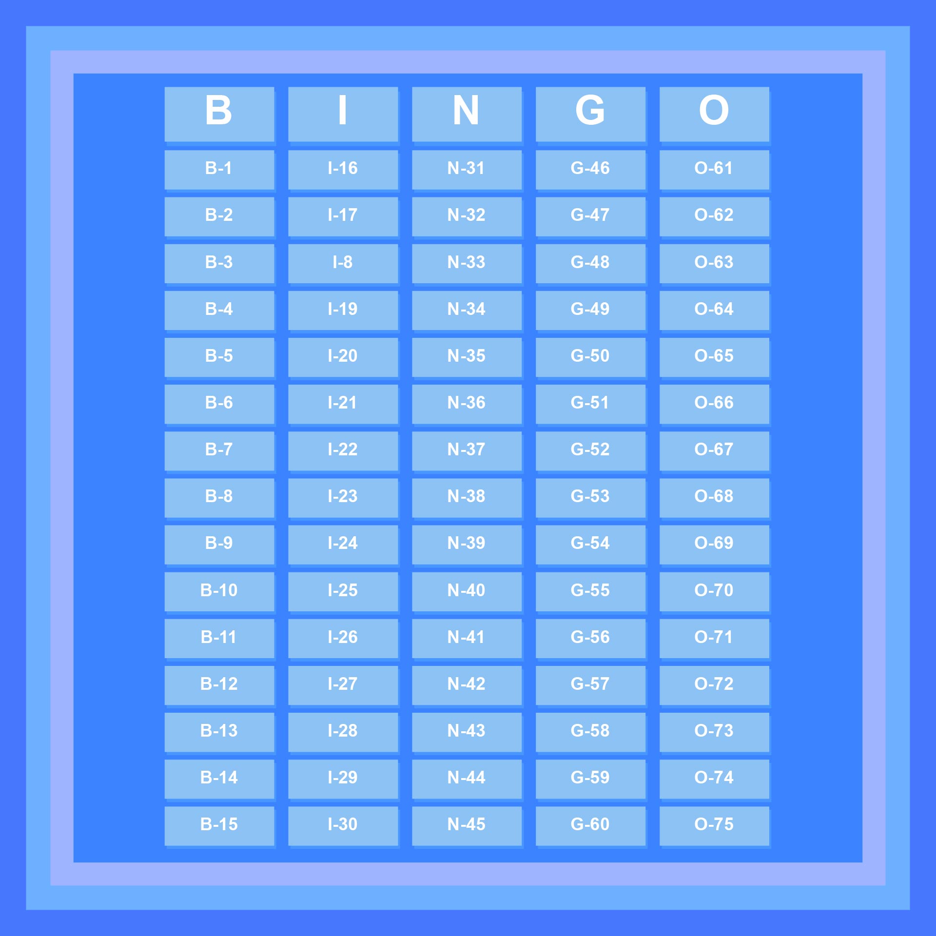 Bingo Numbers Call Sheet