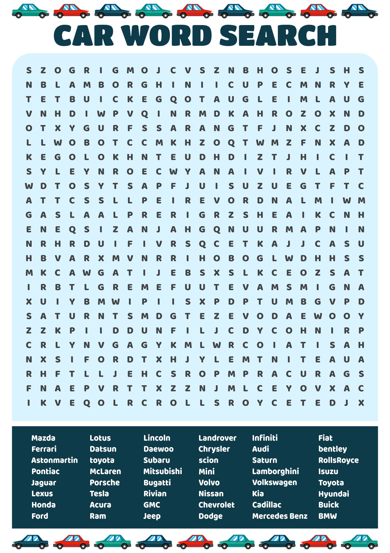 Car Word Searches Printable