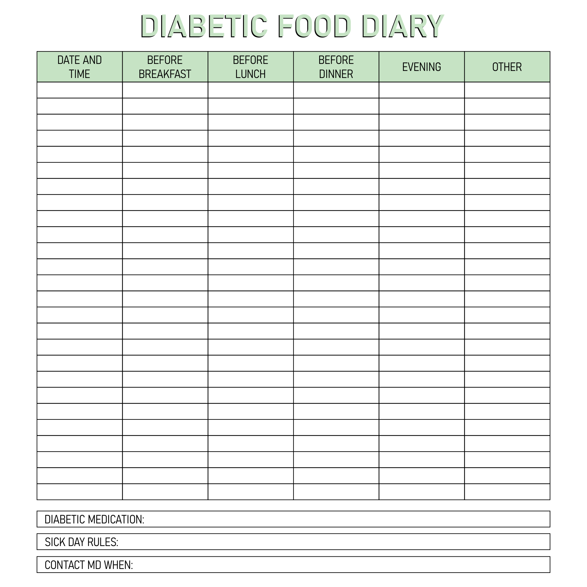Diabetic Food Diary Template Printable
