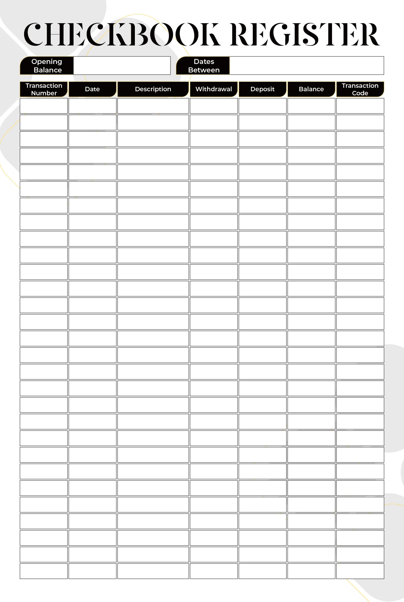 Printable Check Registers for Checkbooks