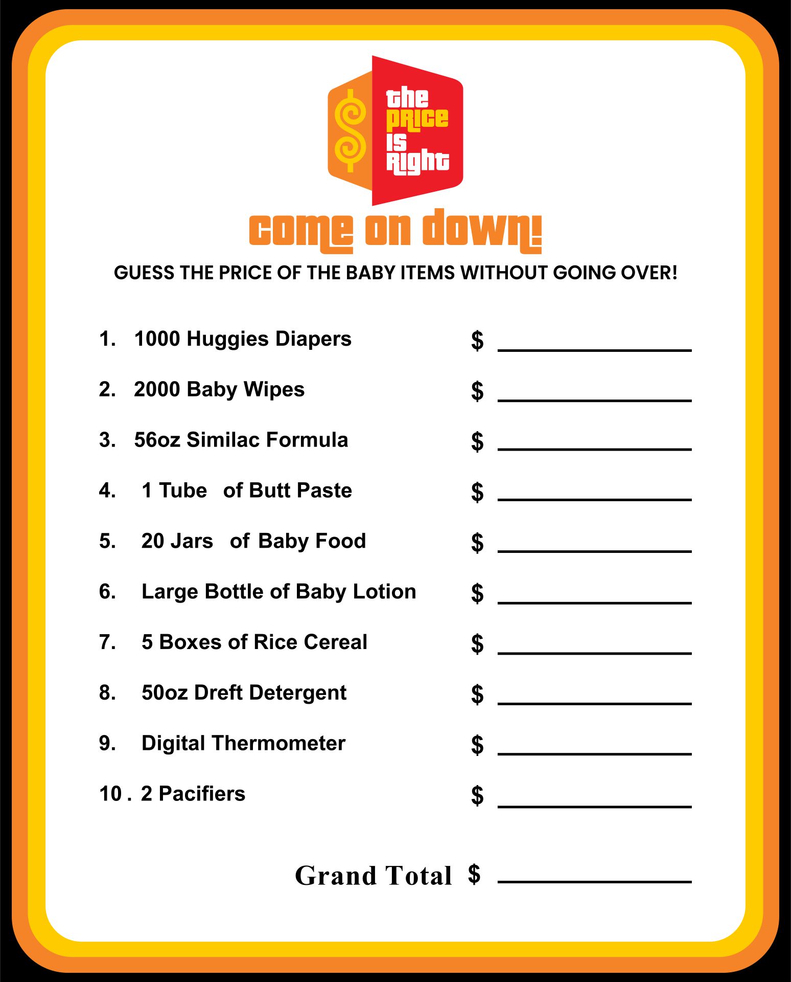 The Price Is Right Printable Game