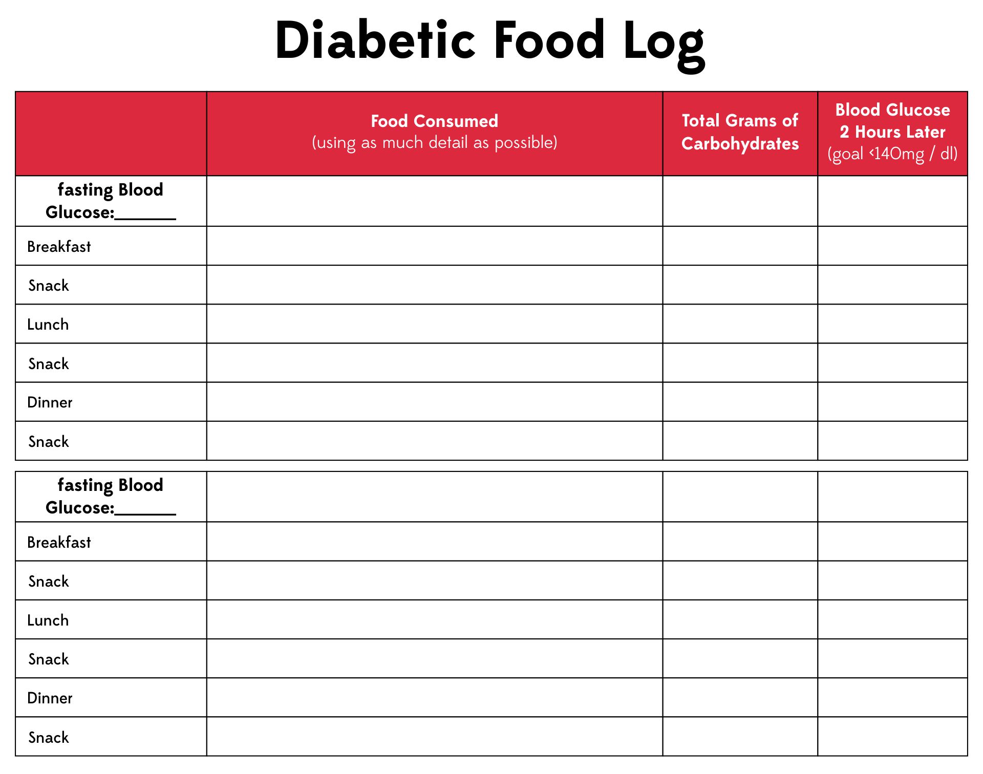 Printable Diabetic Food Log Sheets