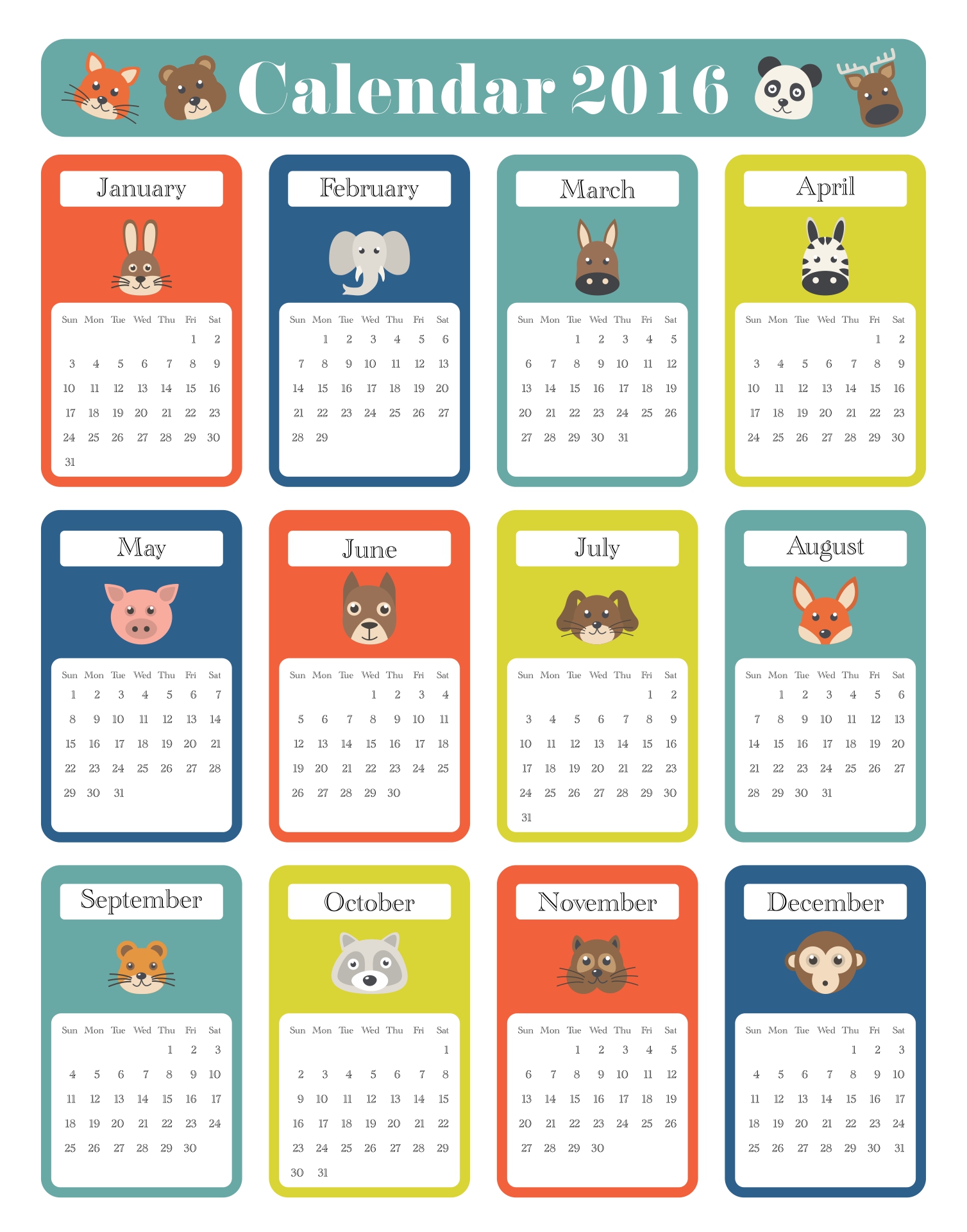 Fun Printable Calendars 2016