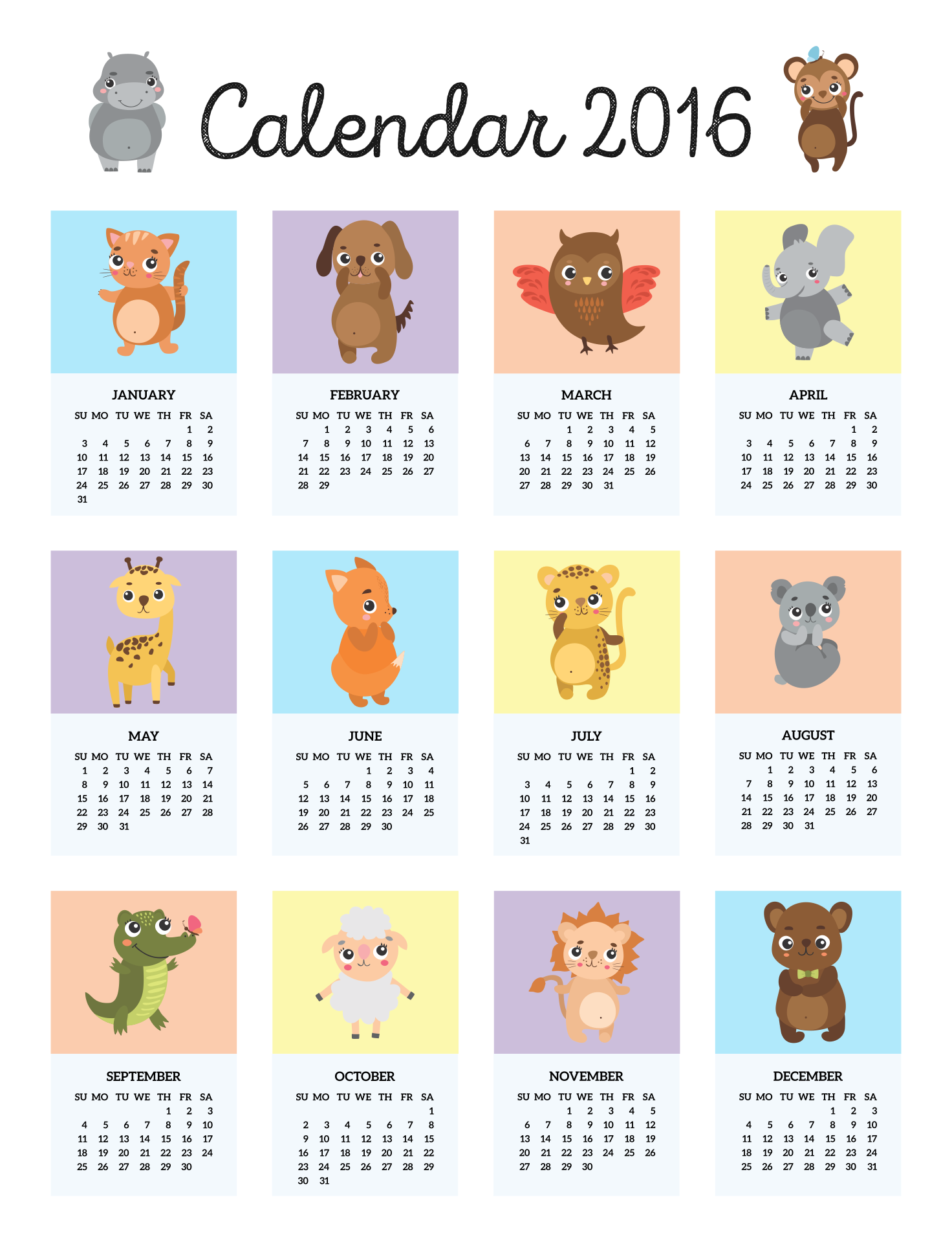 Kids Printable Calendars 2016