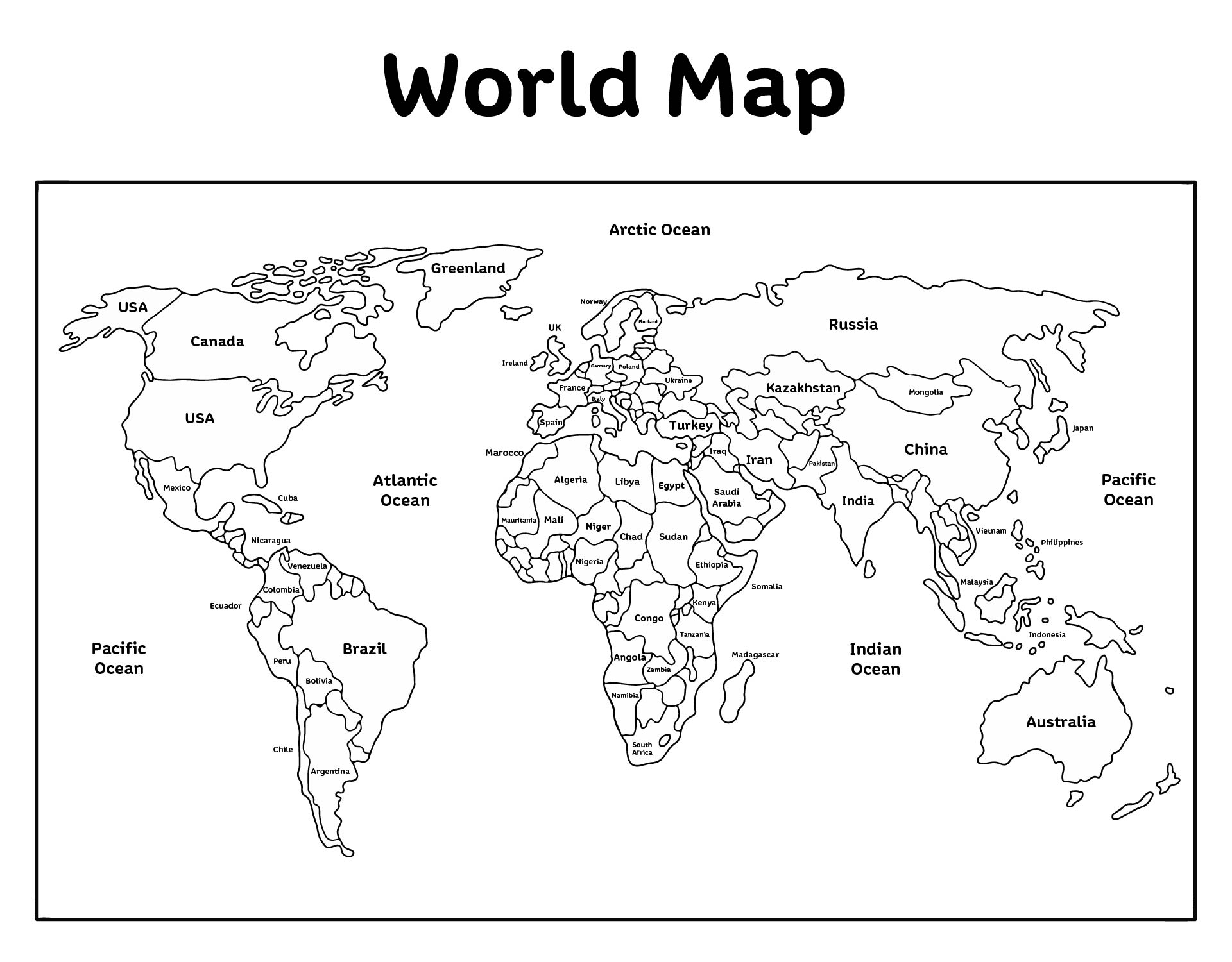 Black and White World Map Labeled Countries