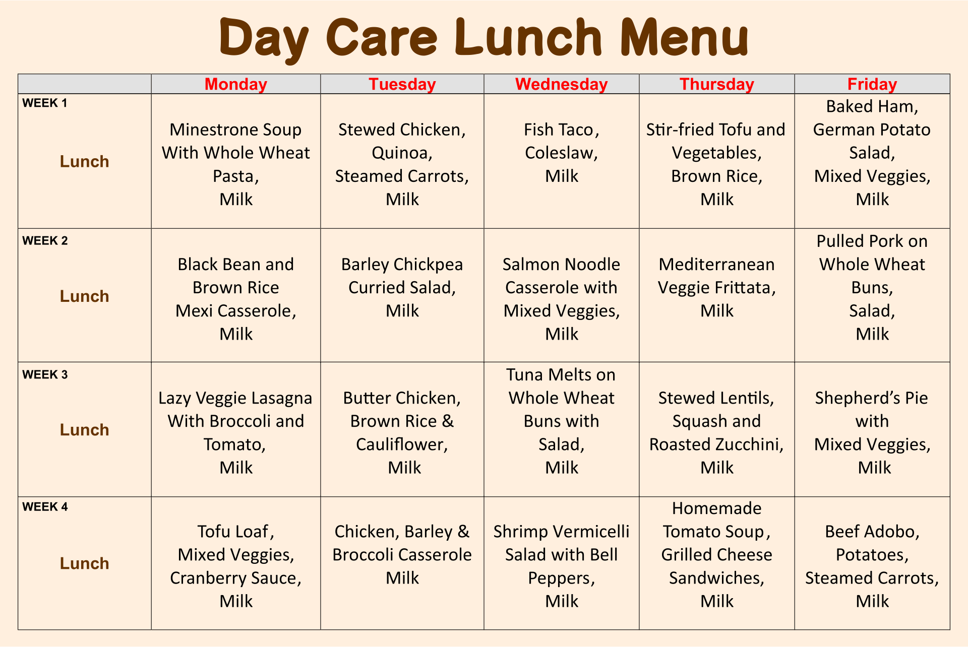 Day Care Lunch Menu Template