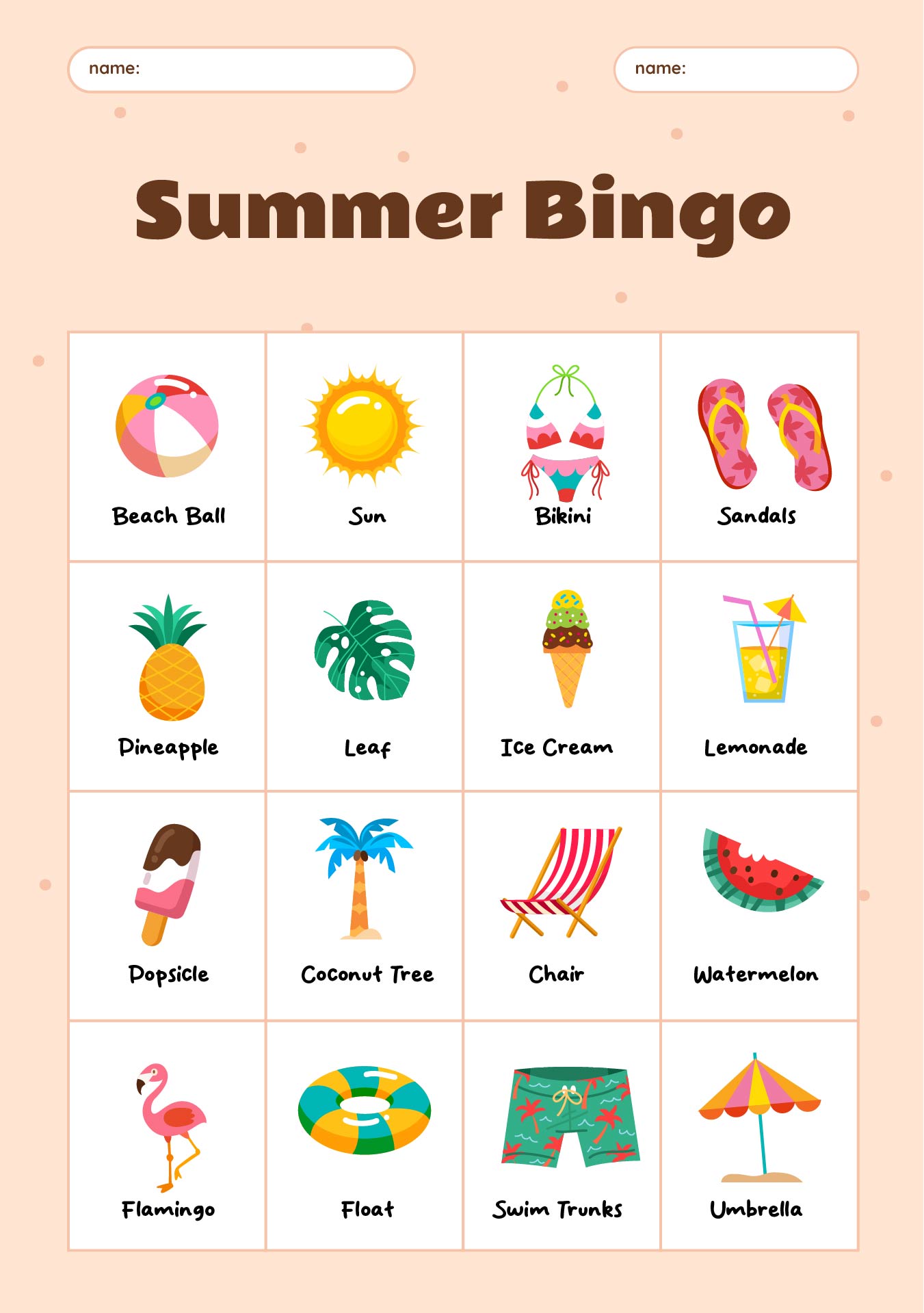 Printable Summer Bingo Cards for Kids