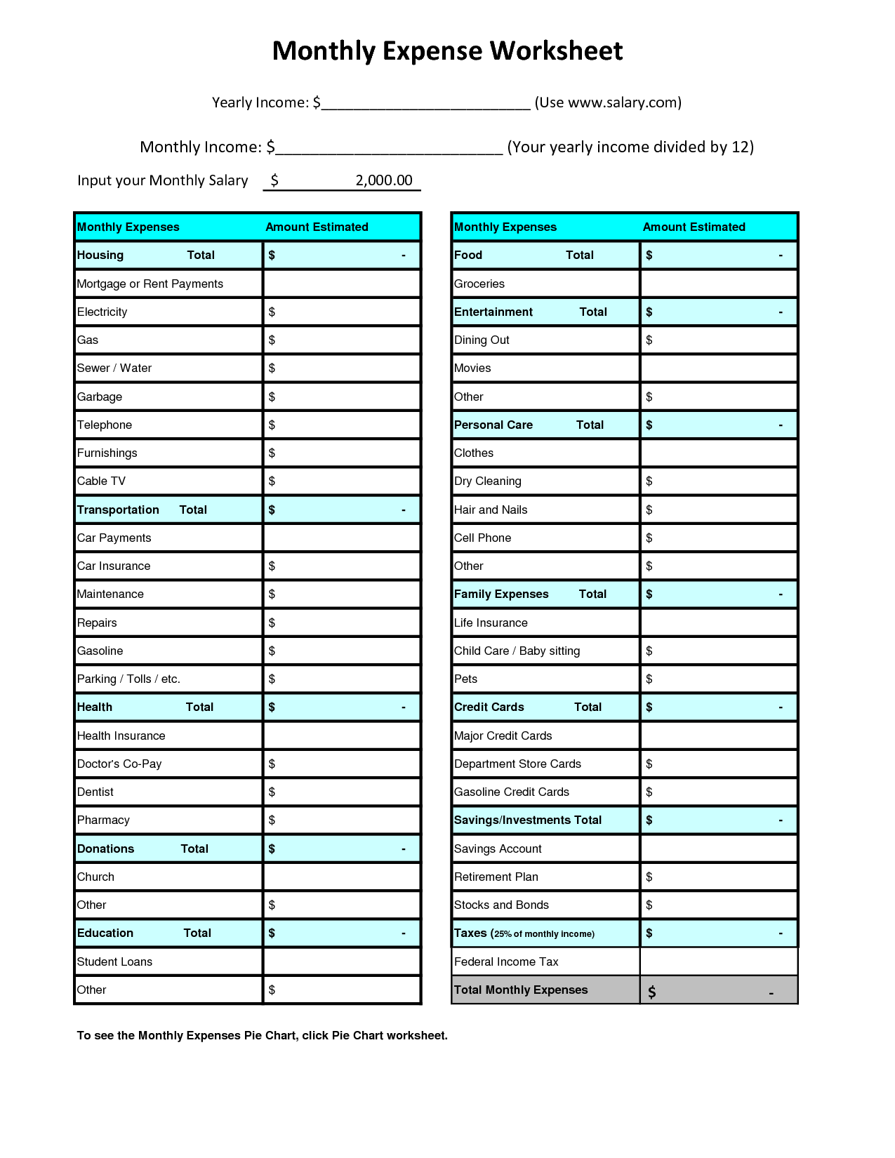 monthly expense chart - free printable monthly expense sheet