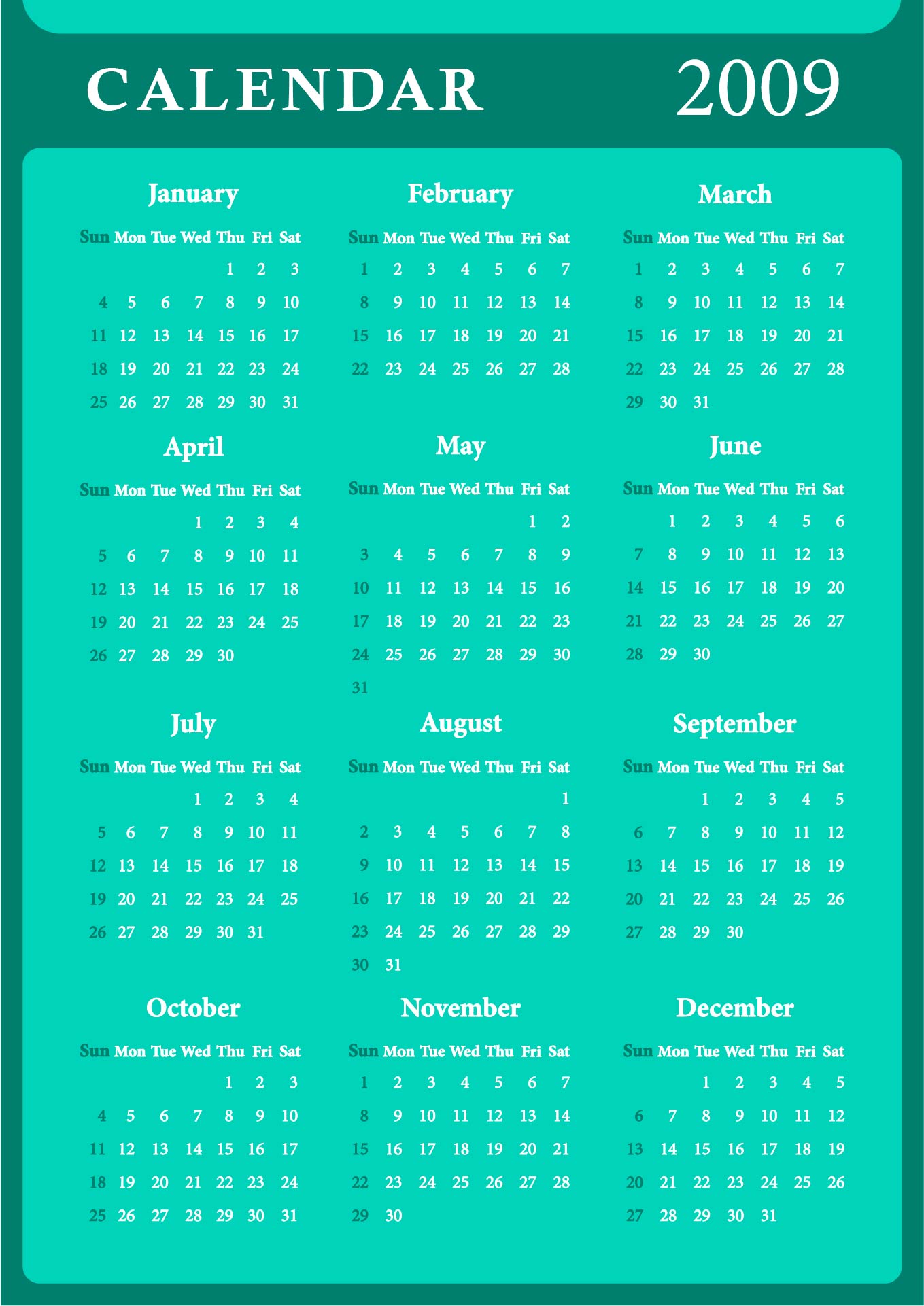 2009 Monthly Calendar Printable