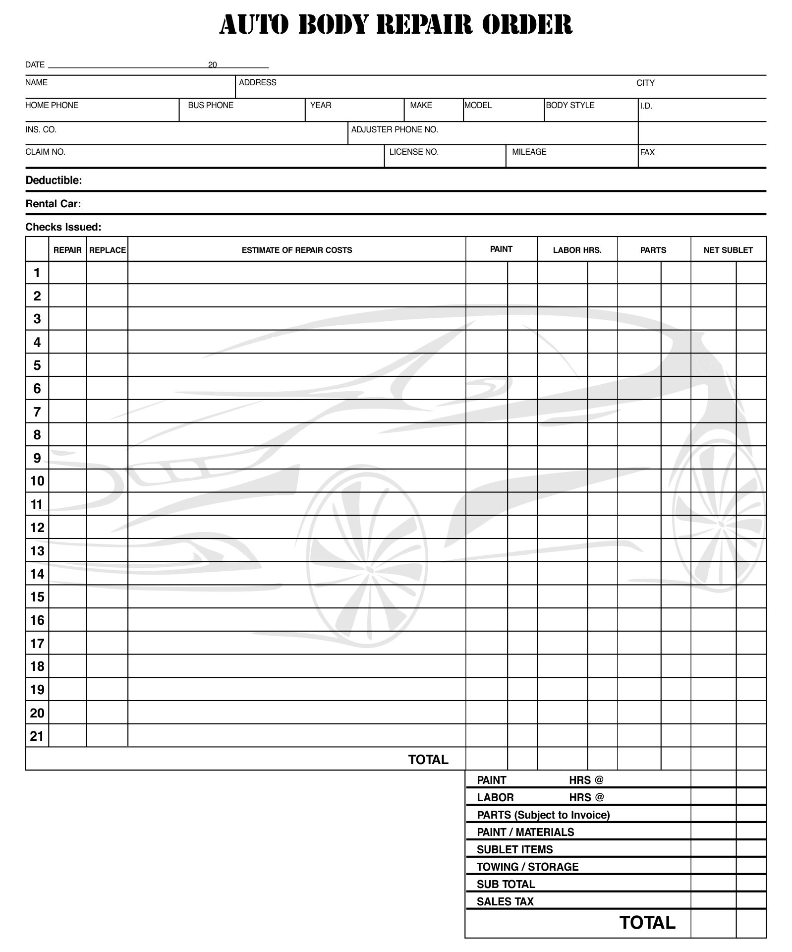 Printable Body Shop Estimate Form Printable Templates