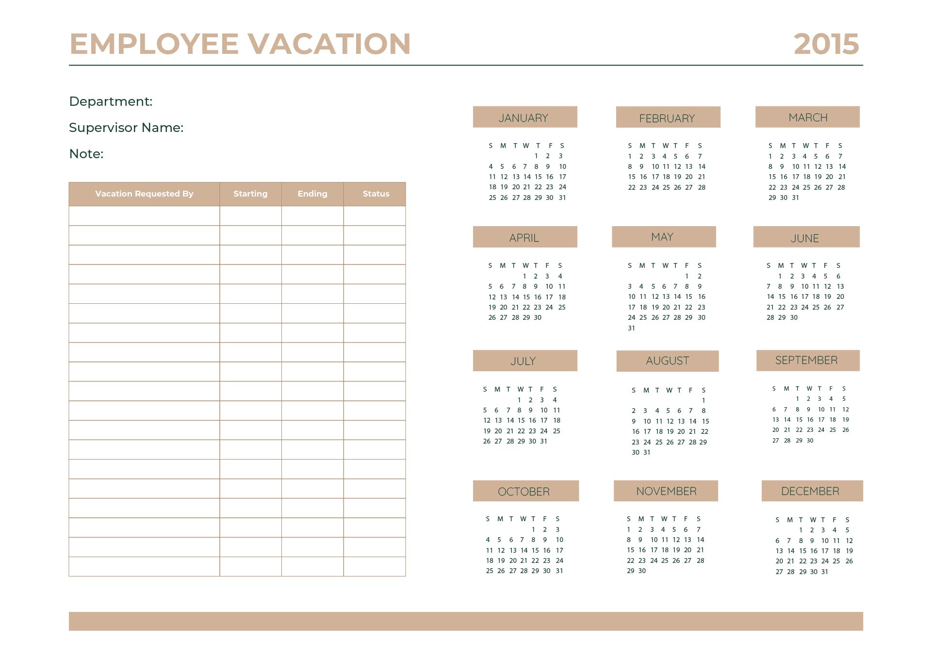 Employee Vacation Calendar Template 2015