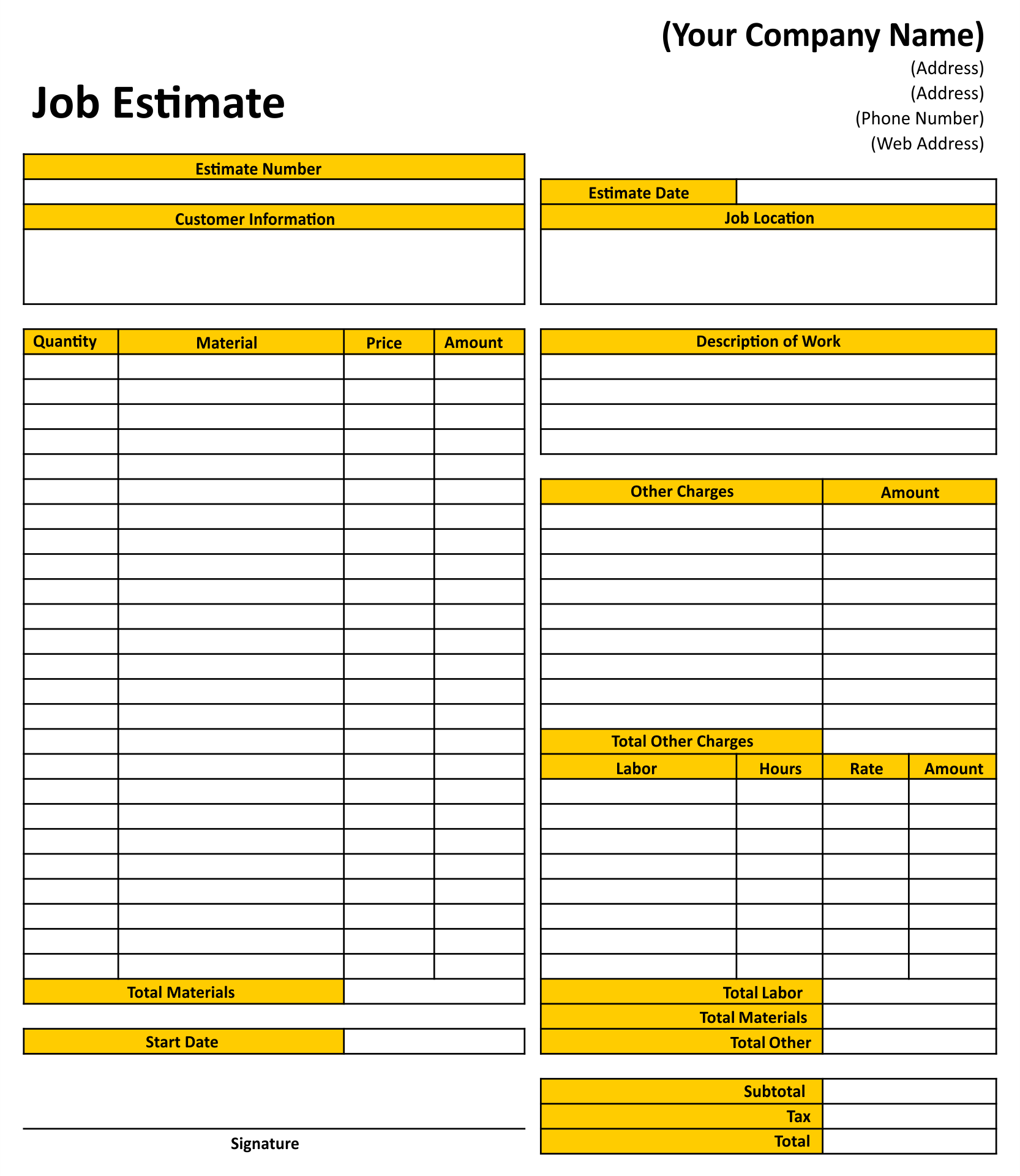 Document Template Free Printable Estimate Forms