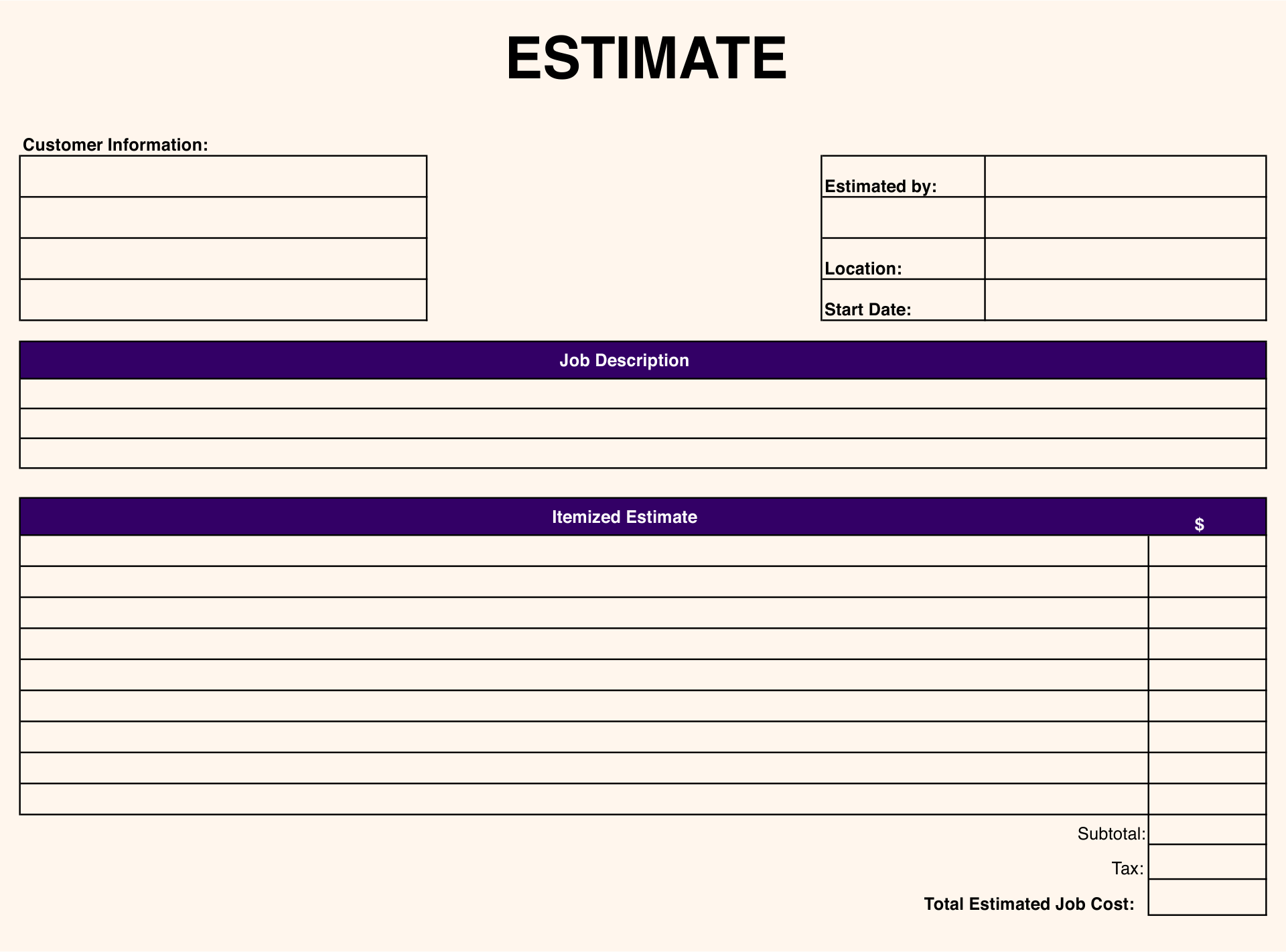 Free Fillable Printable Estimate Template