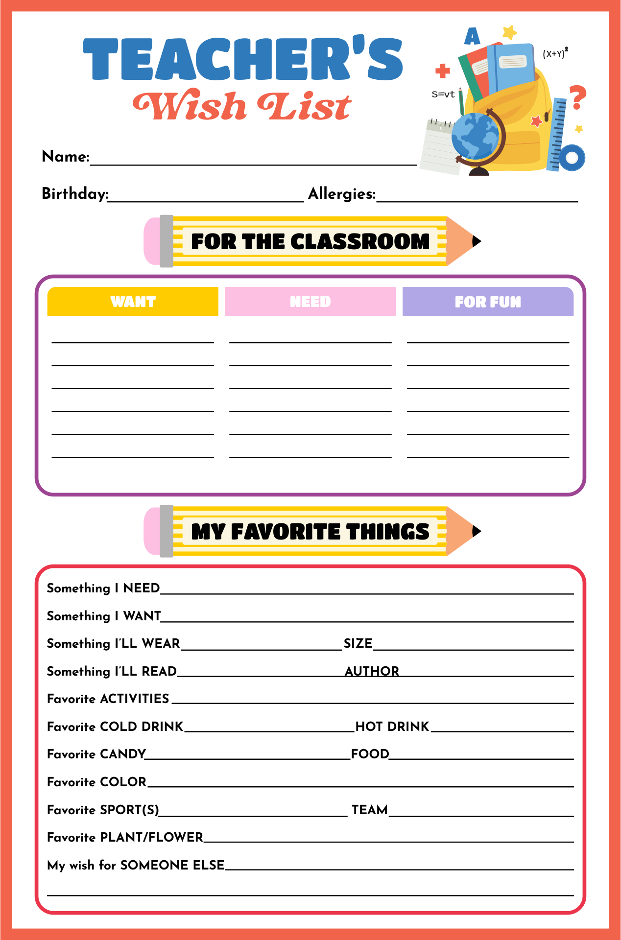 Teacher Wish List Template