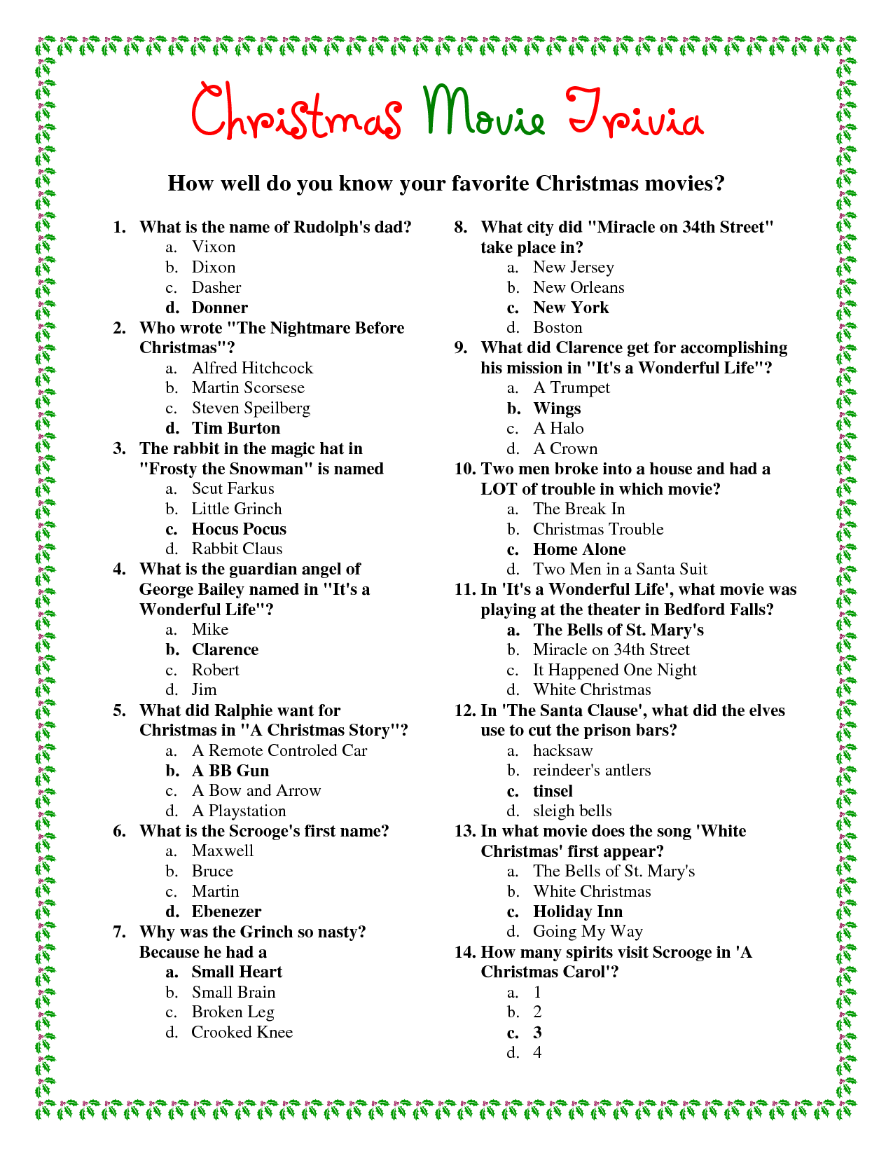 4 Best Printable Christmas Trivia Questions And Answers Printablee Com