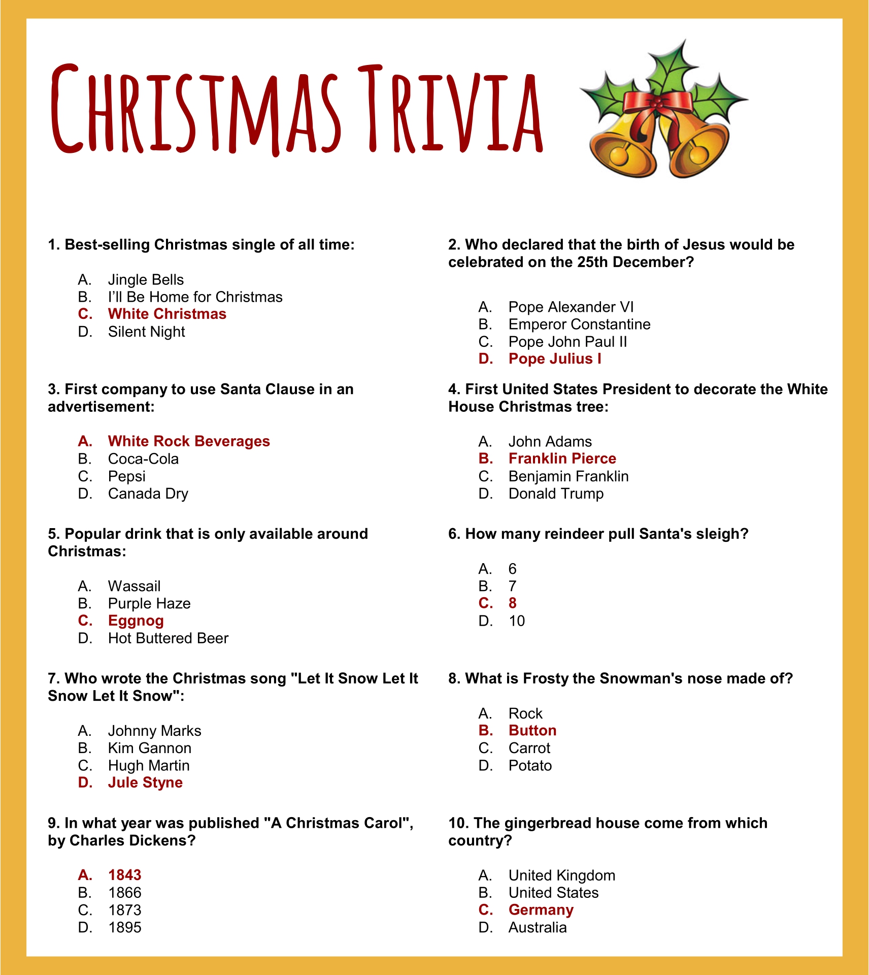 Free Printable Easy Christmas Trivia Questions And Answers Ideas Of 