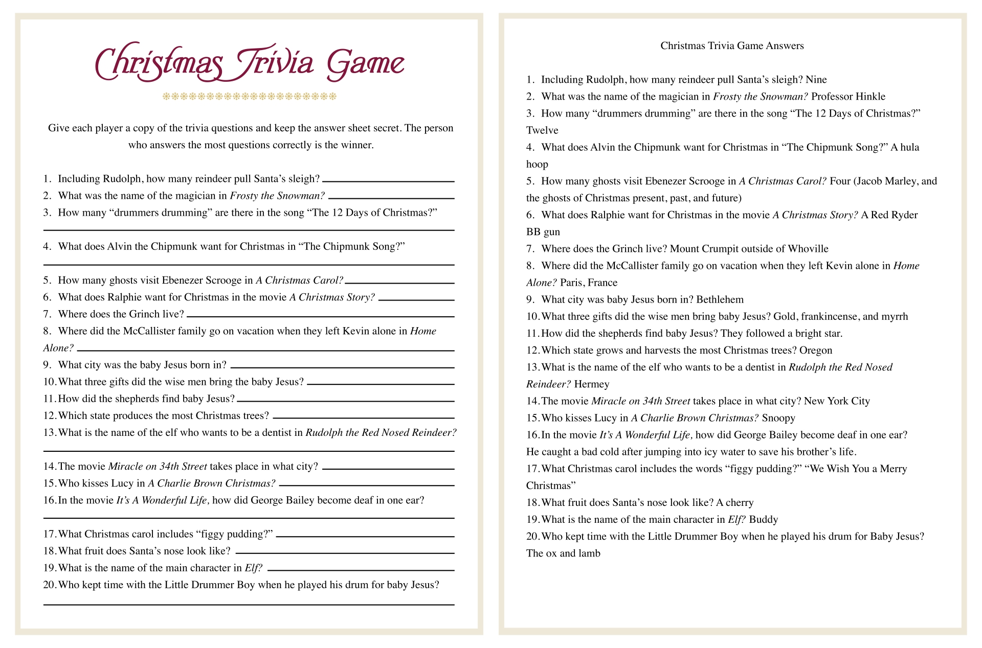 10 Best Free Printable Christmas Trivia Questions And Answers PDF for