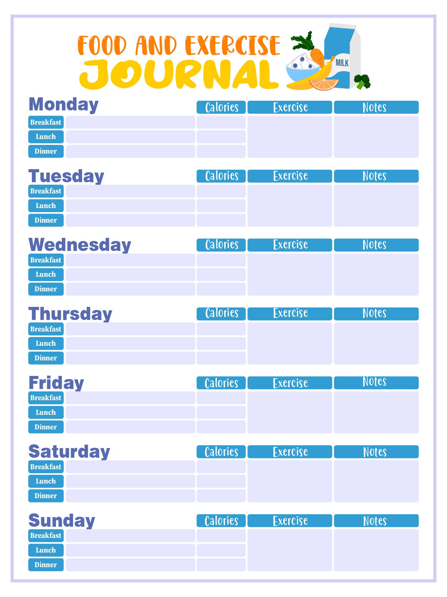 Food and Exercise Tracker Printable