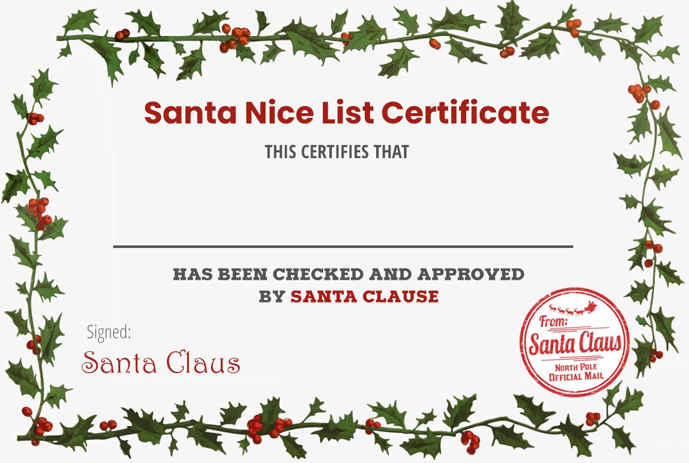 Printable Santa Nice List Certificate