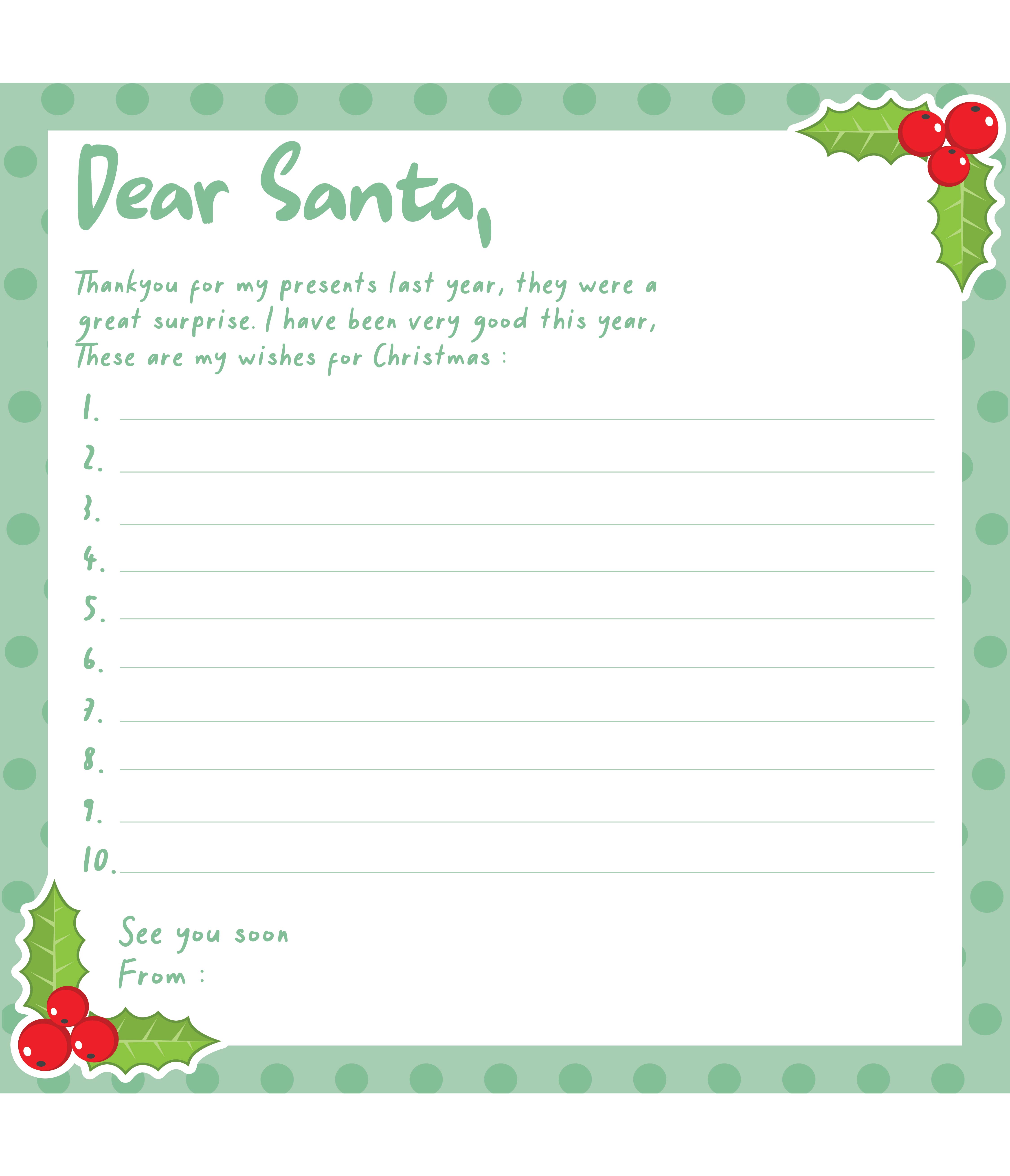 Printable Santa Wish List Letters