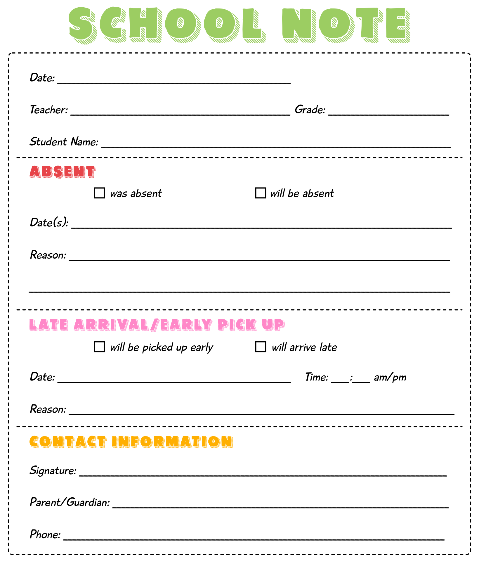 Printable Absent Notes to School