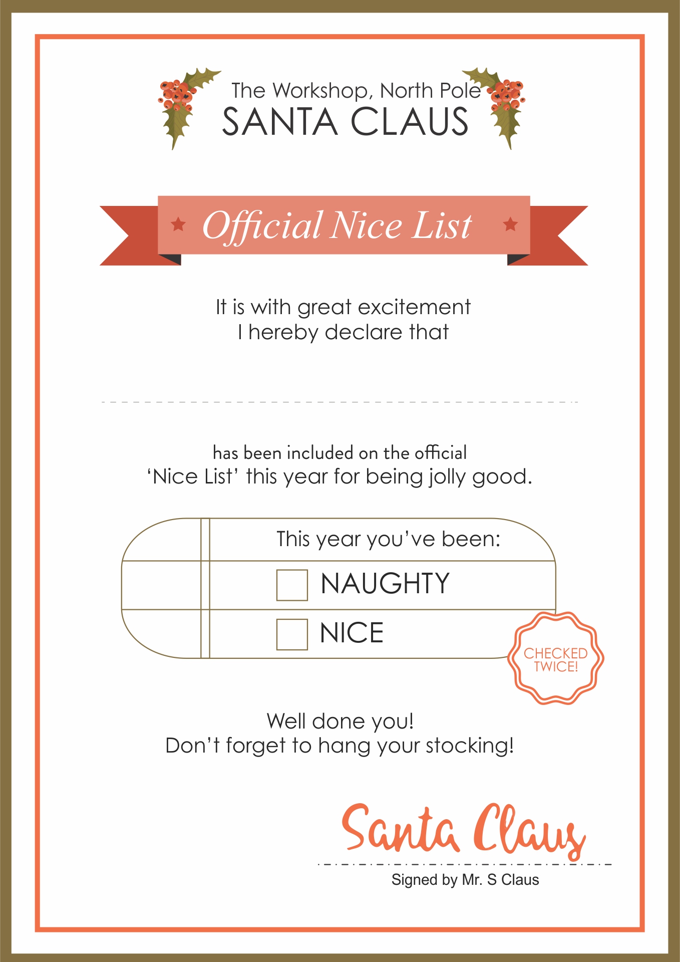 Santa Nice List Certificate