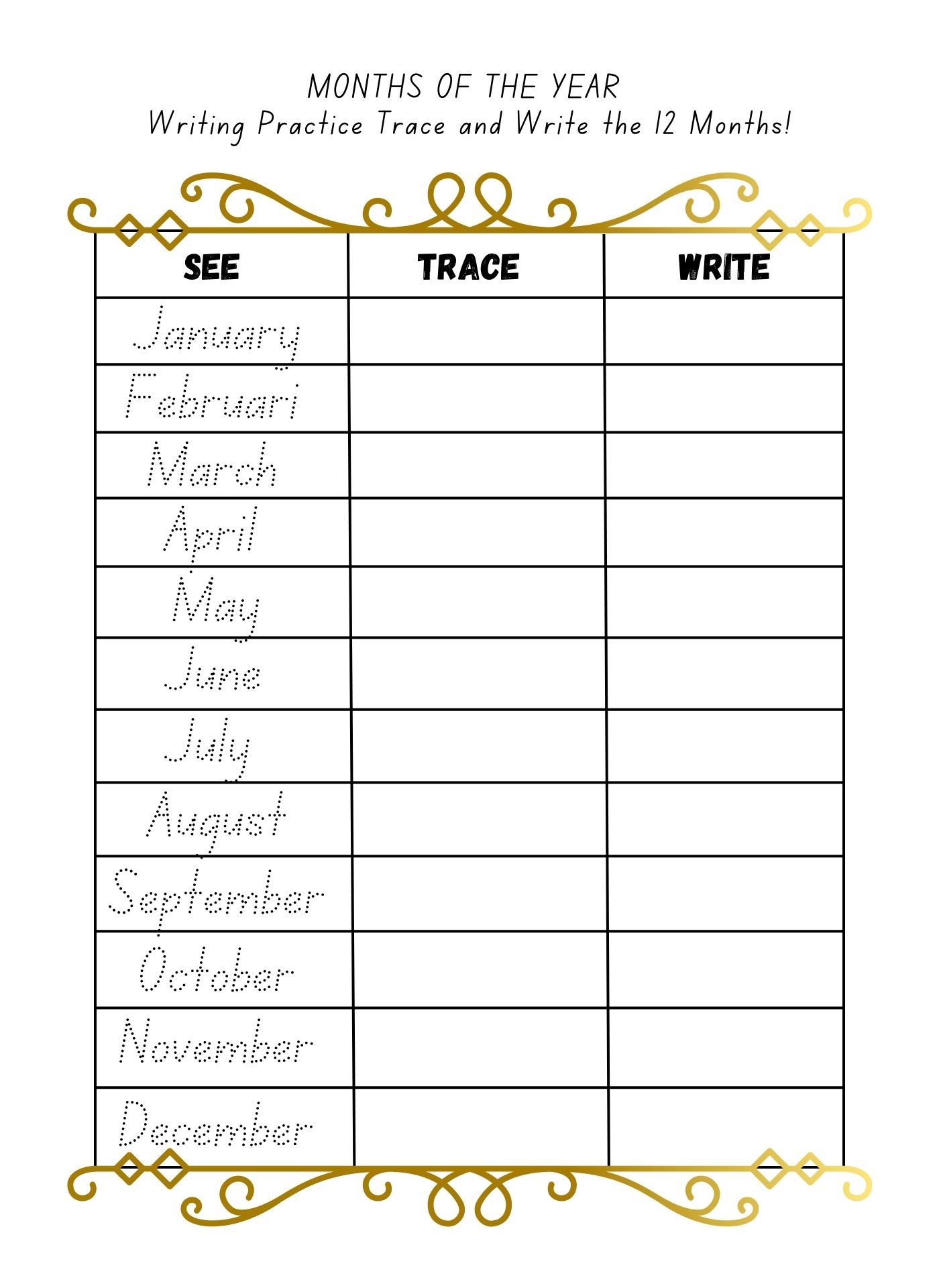 Practice Handwriting Worksheets Months of the Year