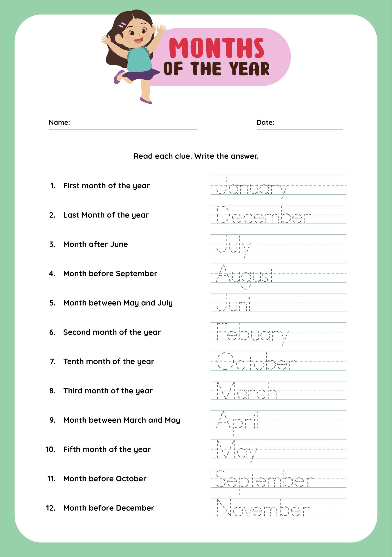 Tracing Worksheets Months of the Year
