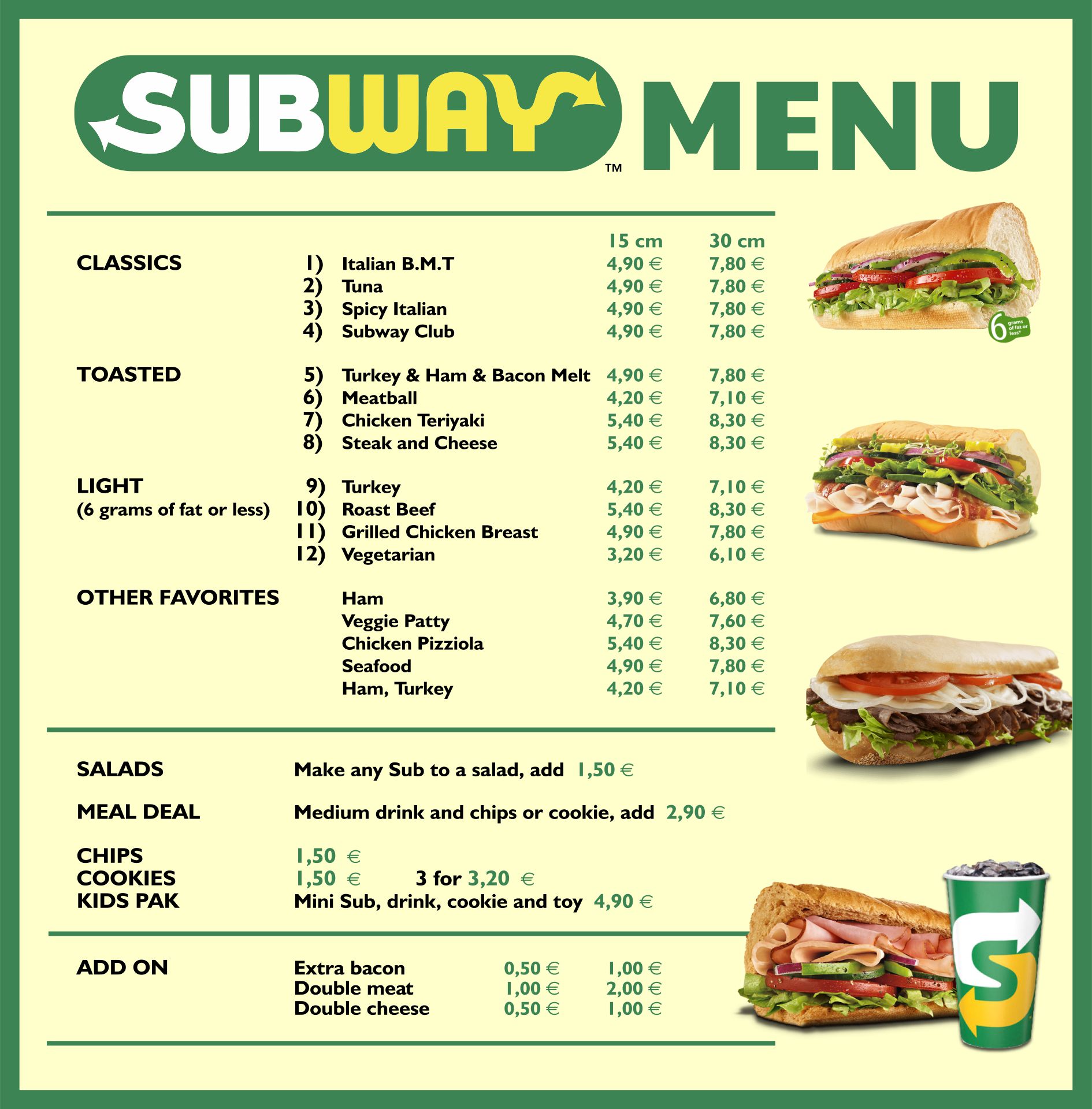 Printable Subway Menu With Prices