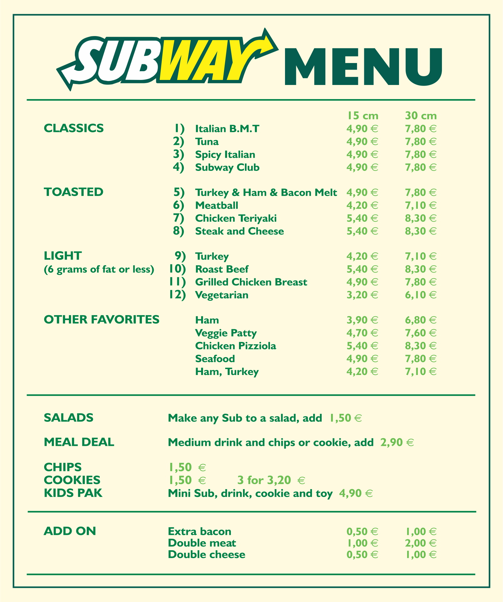 Printable Subway Menu With Prices