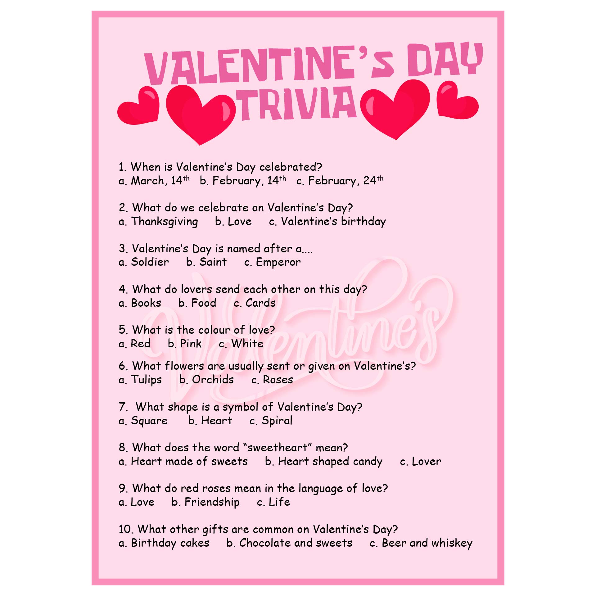 Valentines Day Trivia Printable