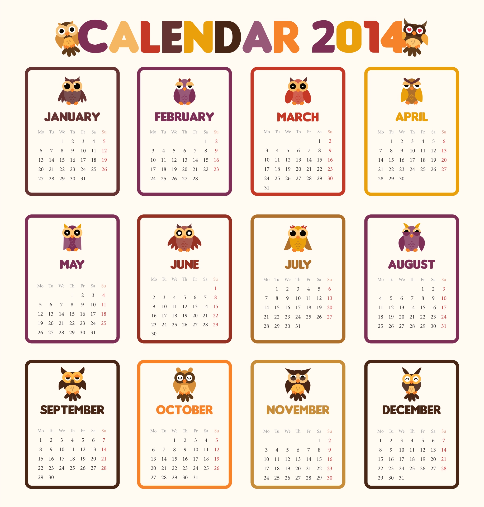 Printable Owl Calendar 2014