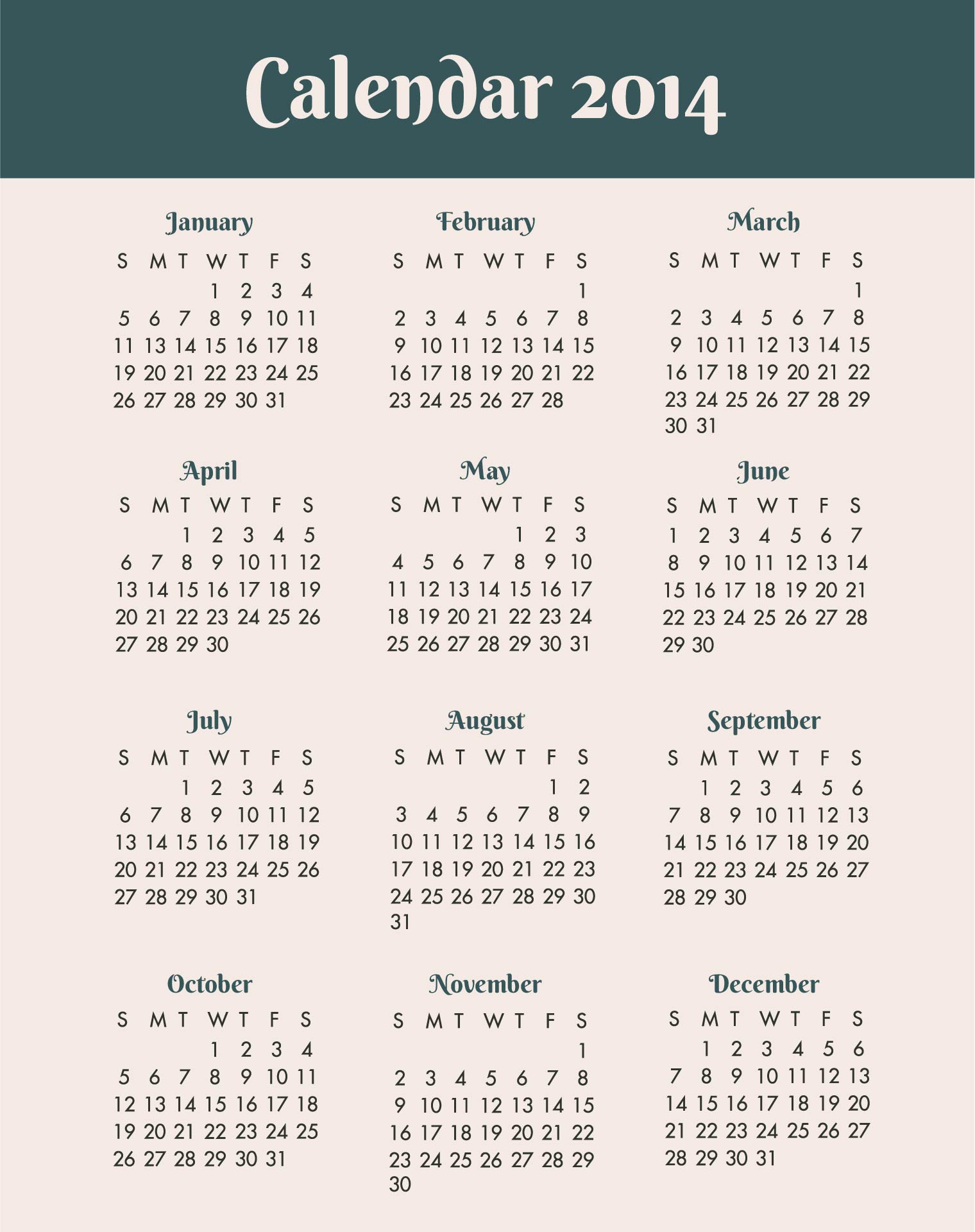 12 Month Calendar 2014 Printable